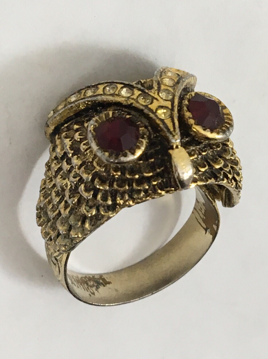 Owls Head Ring Red Eyes Golden US Size 7 17.5 MM Wrap Adjustable Vintage