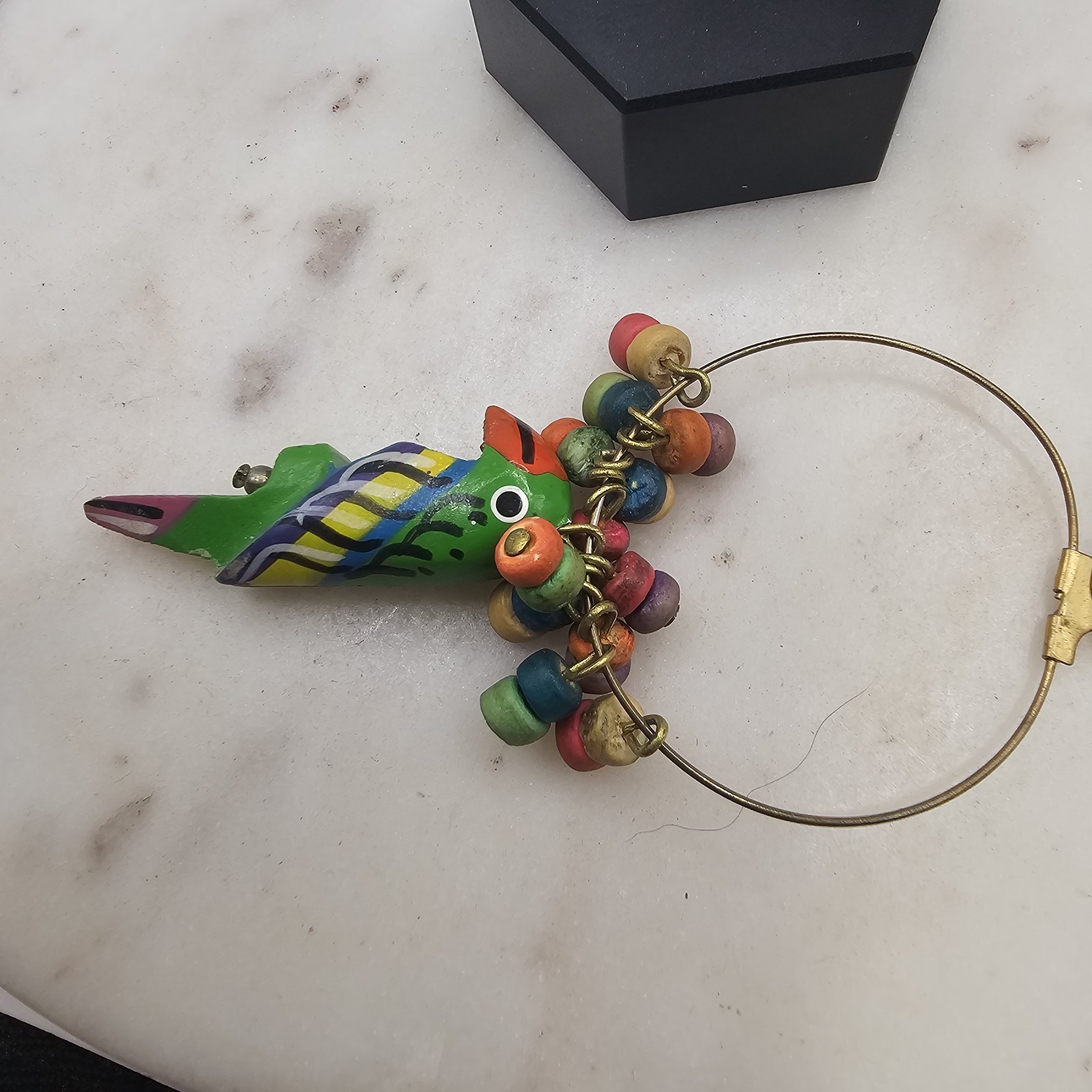 Vintage Parrot Hoop Dangle Earrings Colorful Wooden Beaded Boho Kitsch Whimsical