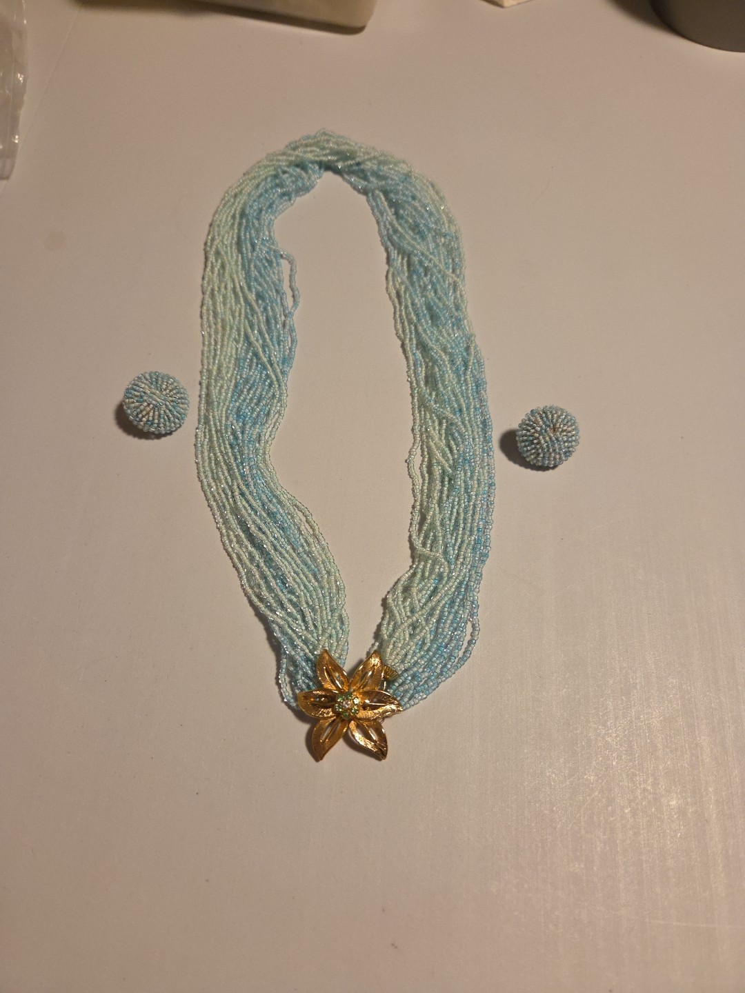 BeautifulVintage Aqua Beaded Necklace And Clip Earrings