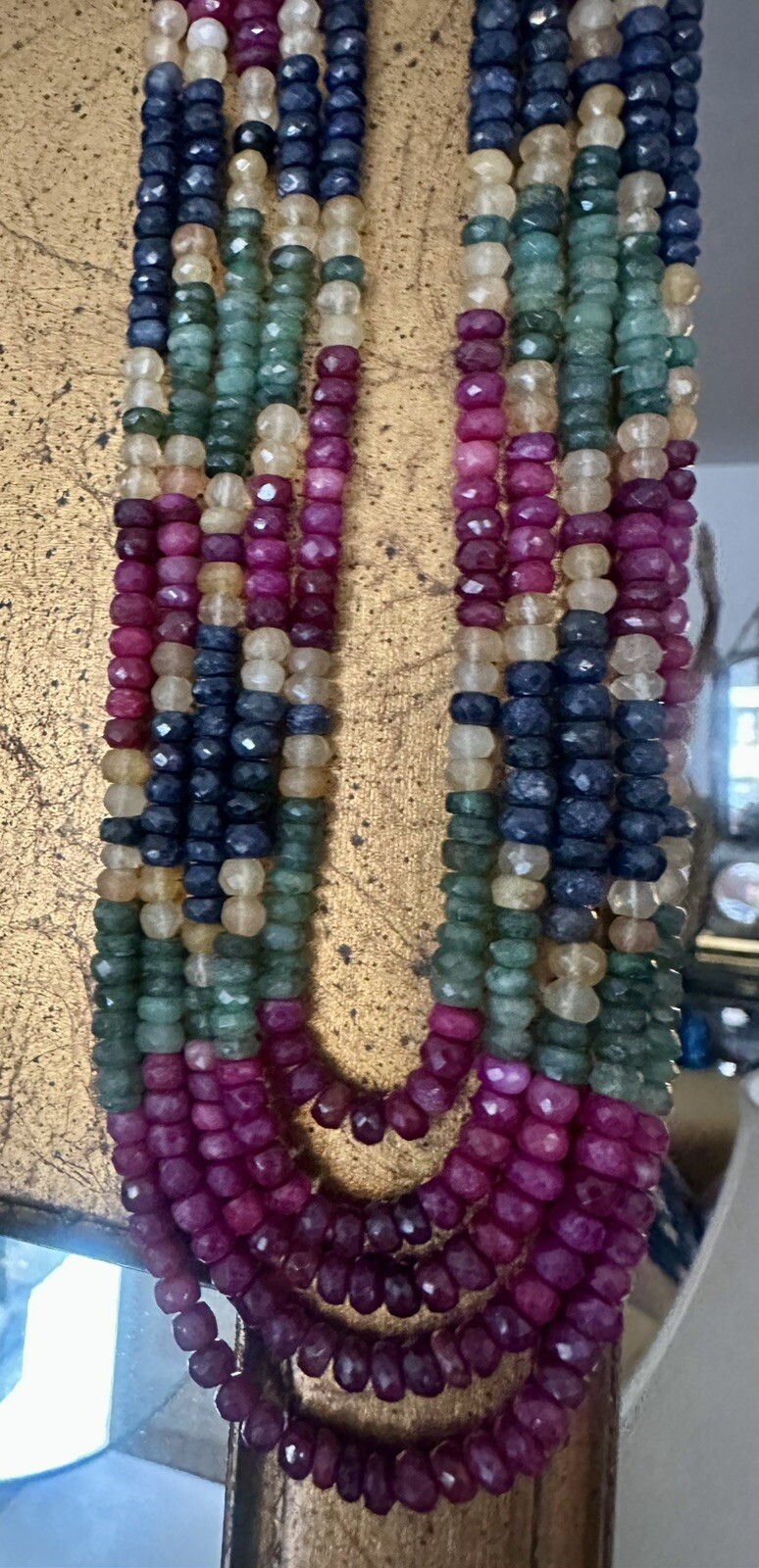 Vtg genuine emerald,sapphire,ruby strings multicolor necklace south western styl
