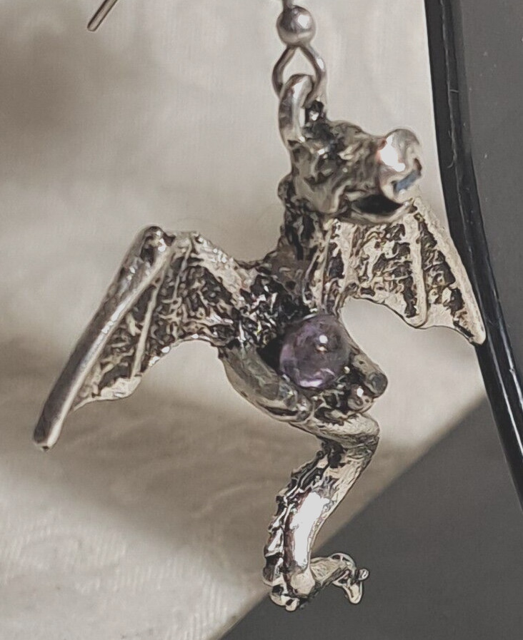Vintage Fine Metal Dragon Serpent Pierced Earrings Purple Crystal Ball 2.25×1.5