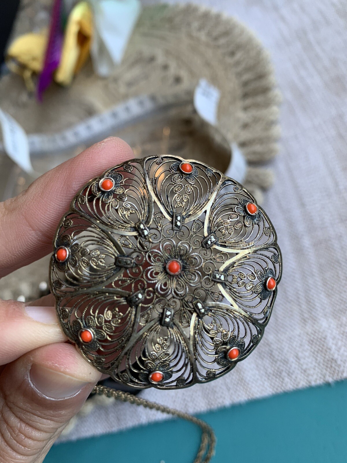 Filigree Coral Marcasite Germany Pendant Brooch Art Deco
