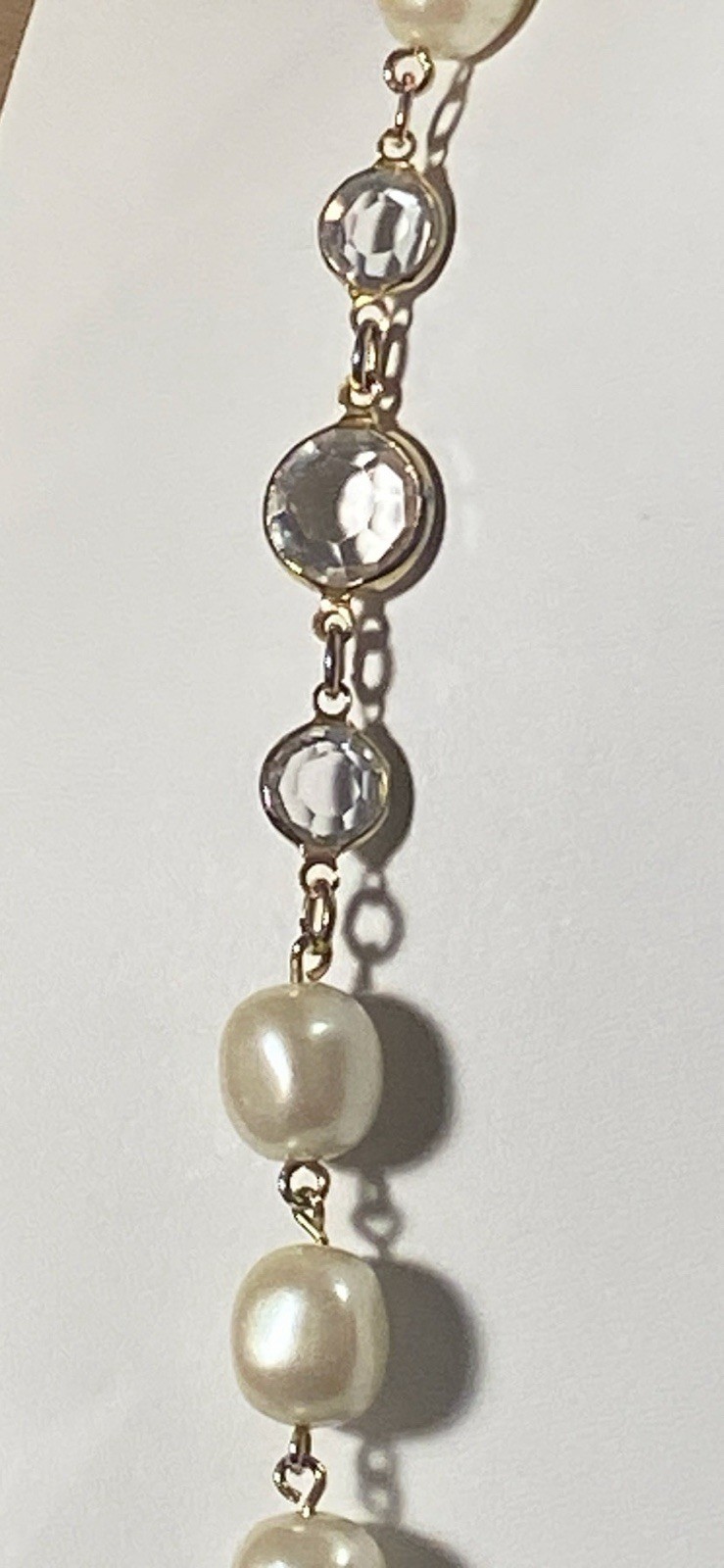 Vintage Gold Tone 34″ Station Necklace With Crystal Bezels And Pearls.