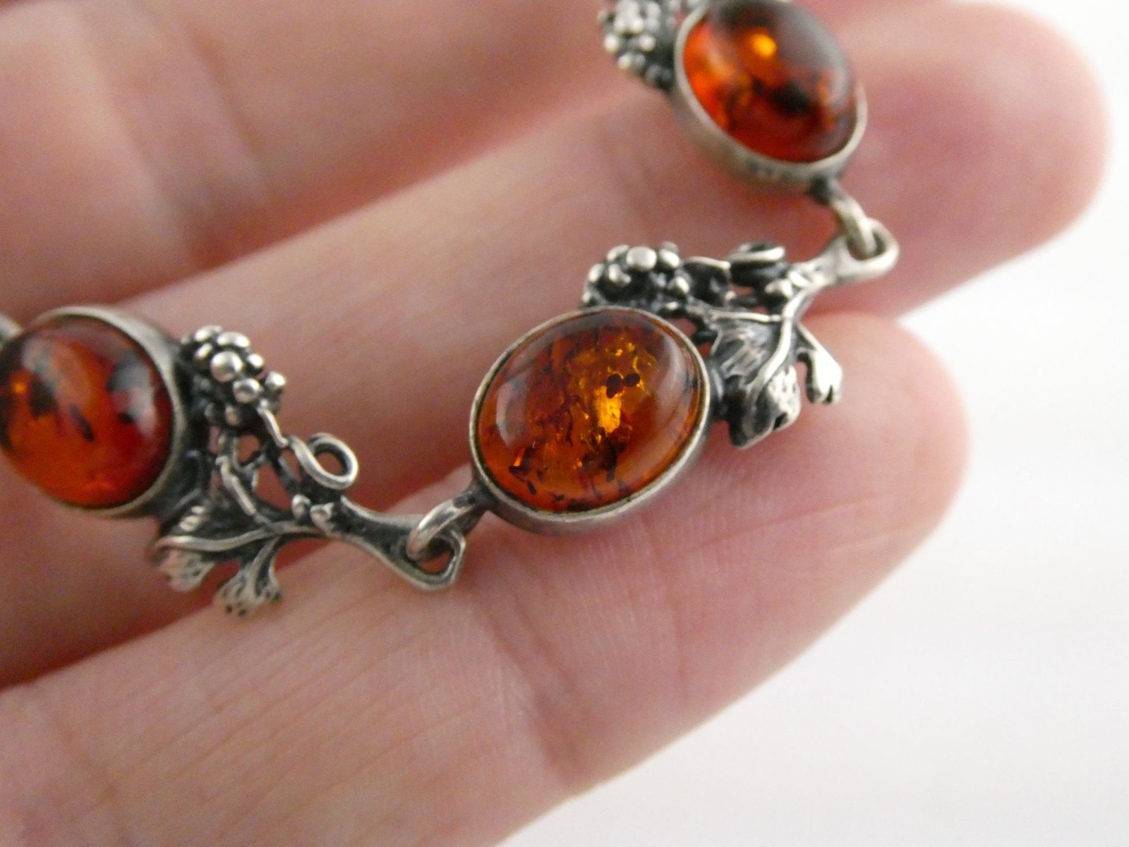 Vintage Sterling Silver Amber Cabochon Grape Vine Link Bracelet 925 7.25In 10.6g