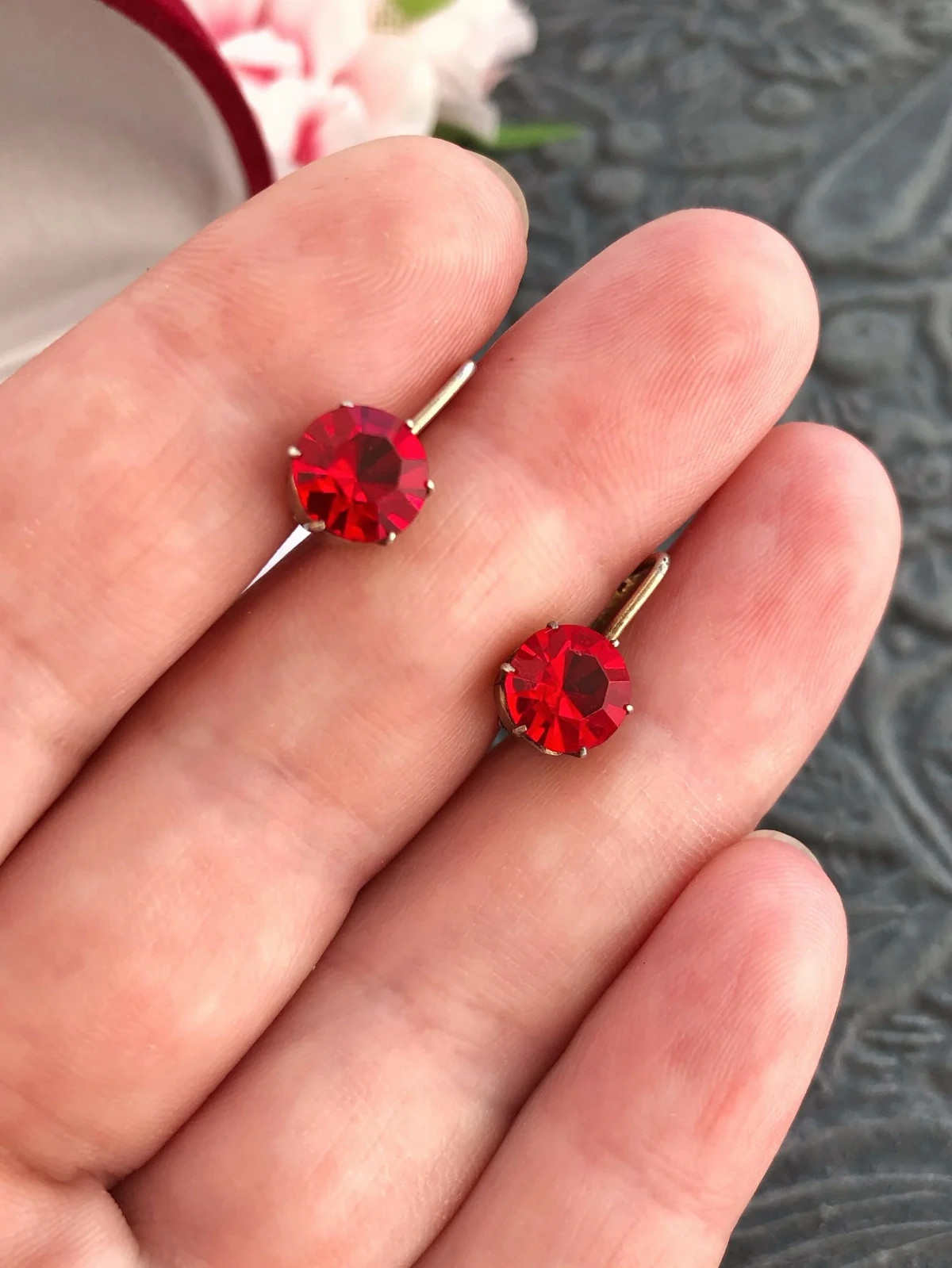 Estate Vintage Soviet Earrings Gilt Sterling Silver 875 Tourmaline Stud Ear USSR
