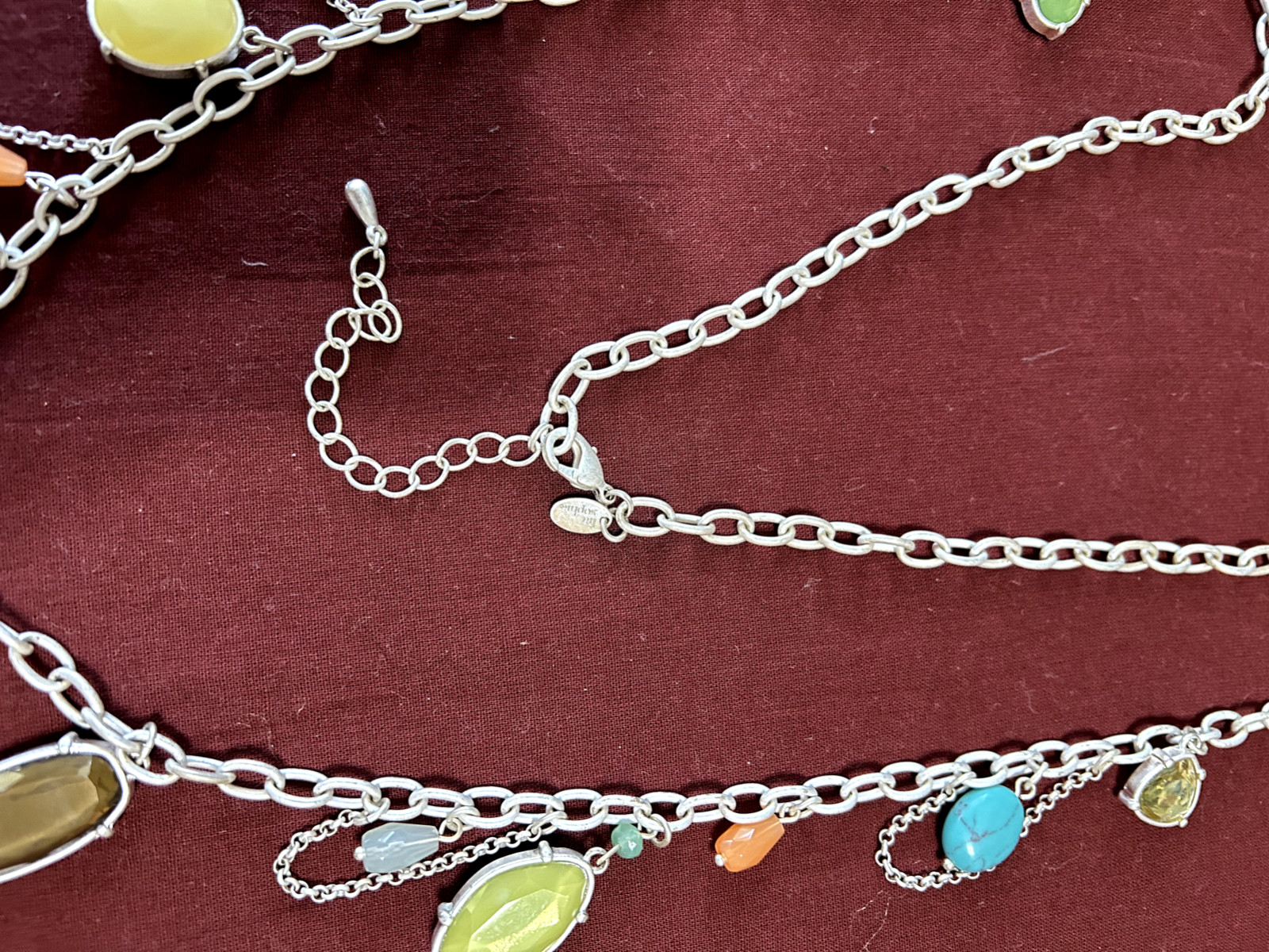 LIA SOPHIA Signed Vintage Necklace 36″ Yellow & Brown Lucite Dangles White Metal