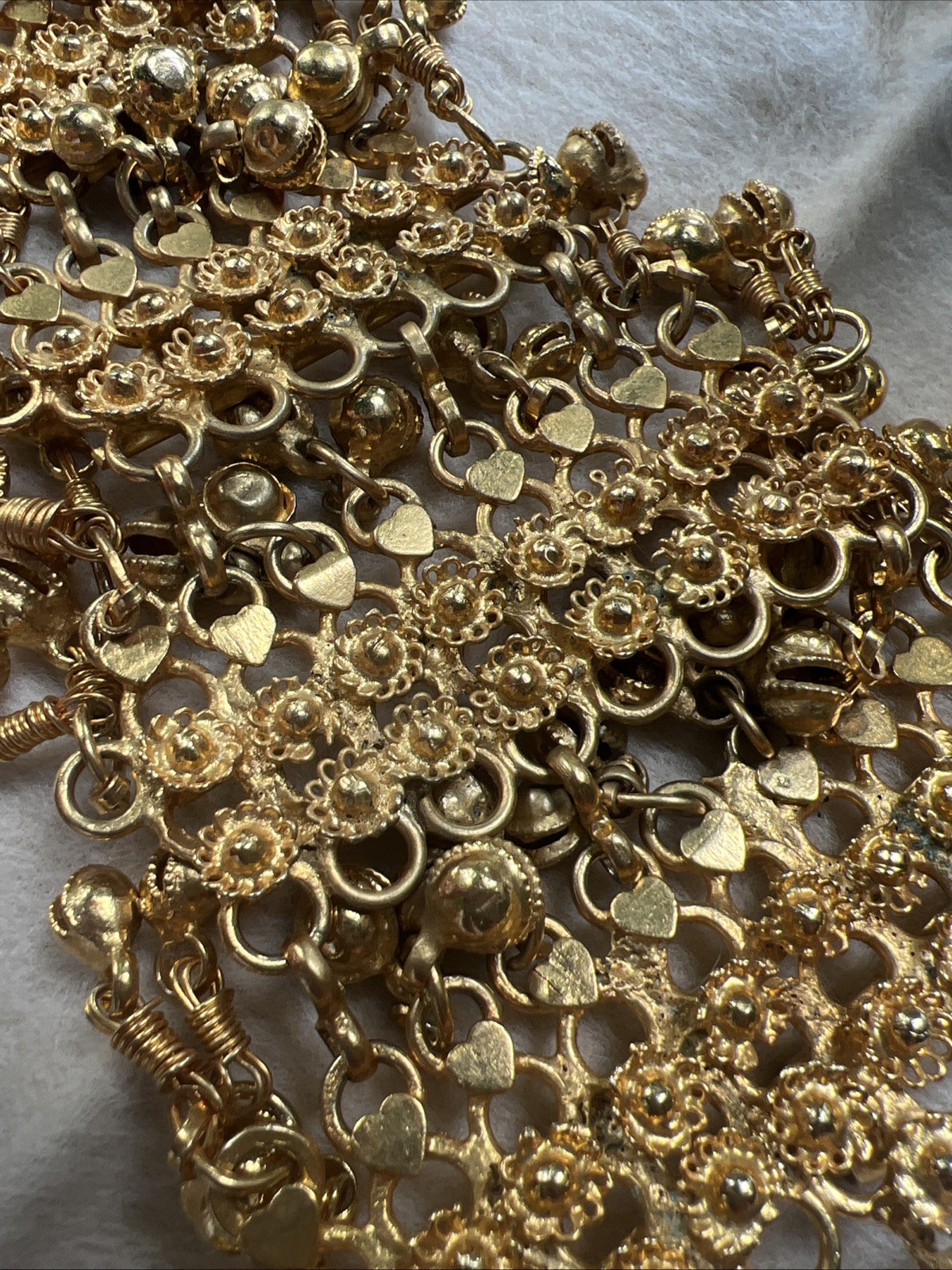 Vtg FESTOON NECKLACE Pendant GOLDWASH BRASS FILIGREE ROSETTES DANGLES