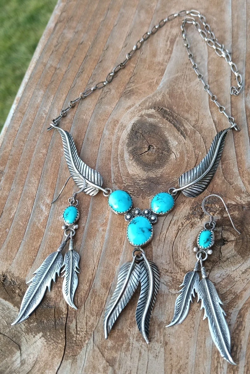 VINTAGE NAVAJO TURQUOISE STERLING SILVER FEATHER NECKLACE & EARRINGS 23.5 Gram
