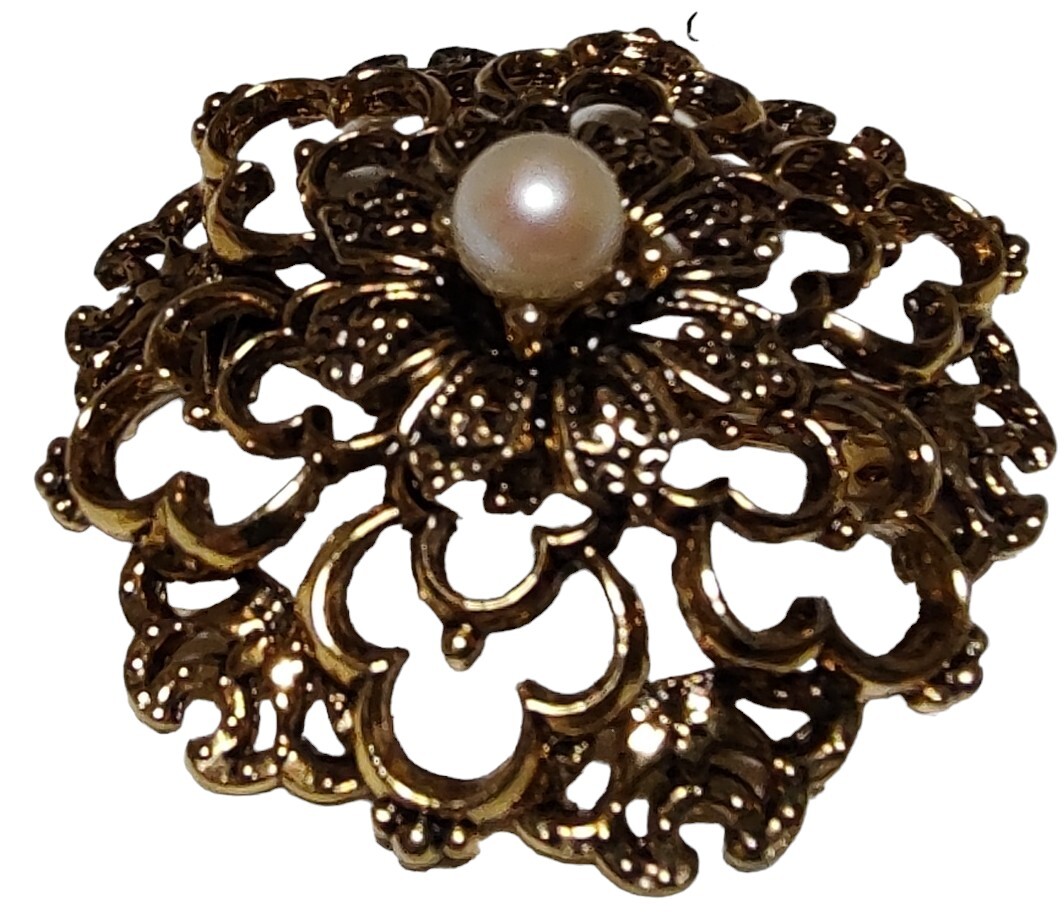 Tacoa Brooch Pin Faux Pearl Floral Filigree Gold Tone Raised Relief Vintage