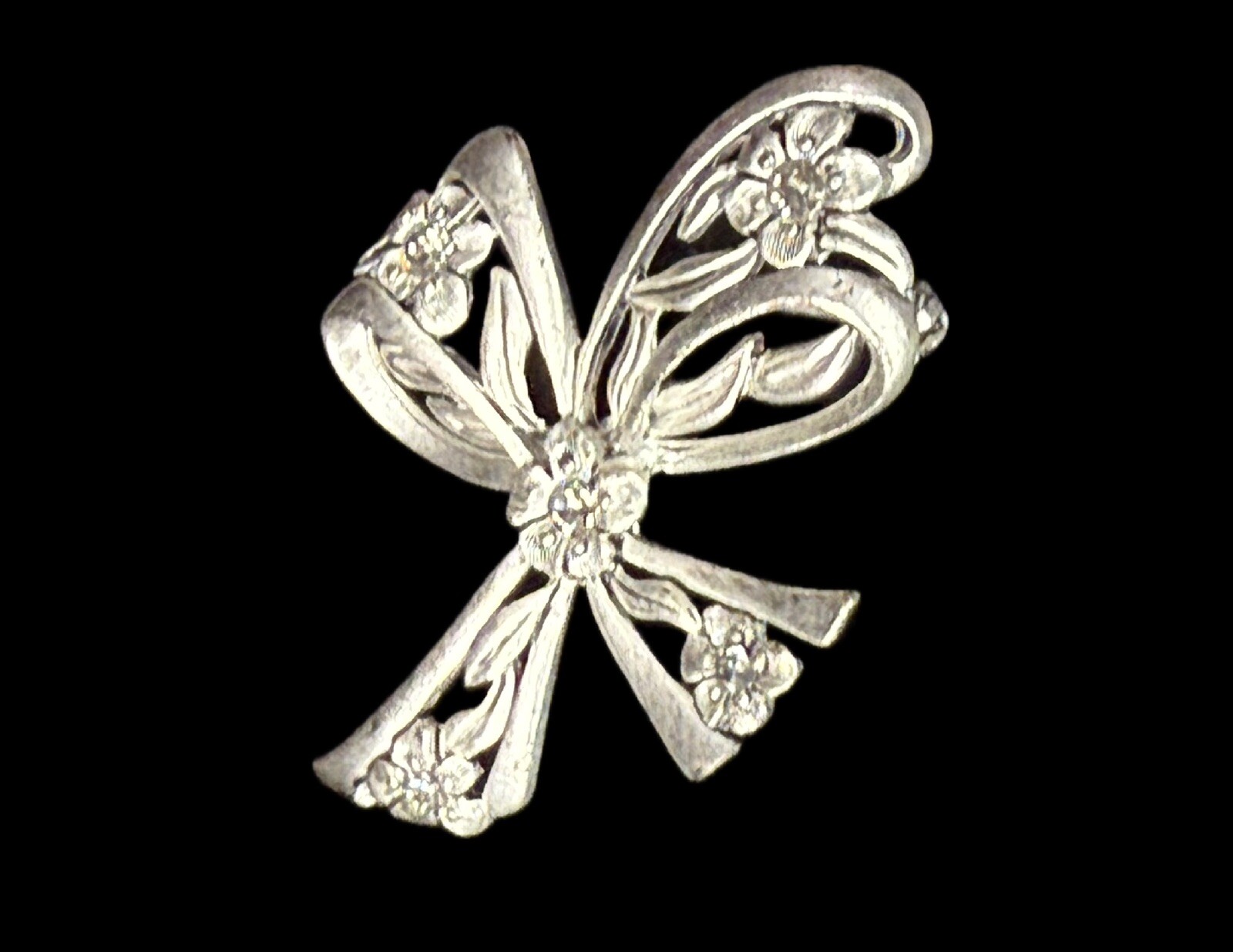 Vintage Pewter Bow Shape Brooch Pin With Rhinestones Charming Open Metal Work