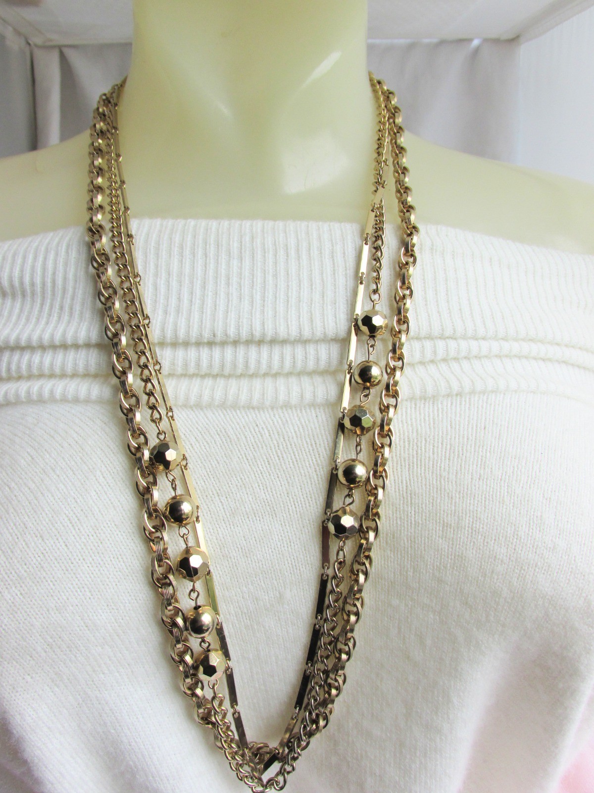 Vintage 3 Golden Rows Chain Necklace Gold Plate Rolo Bar Link Cable Styles