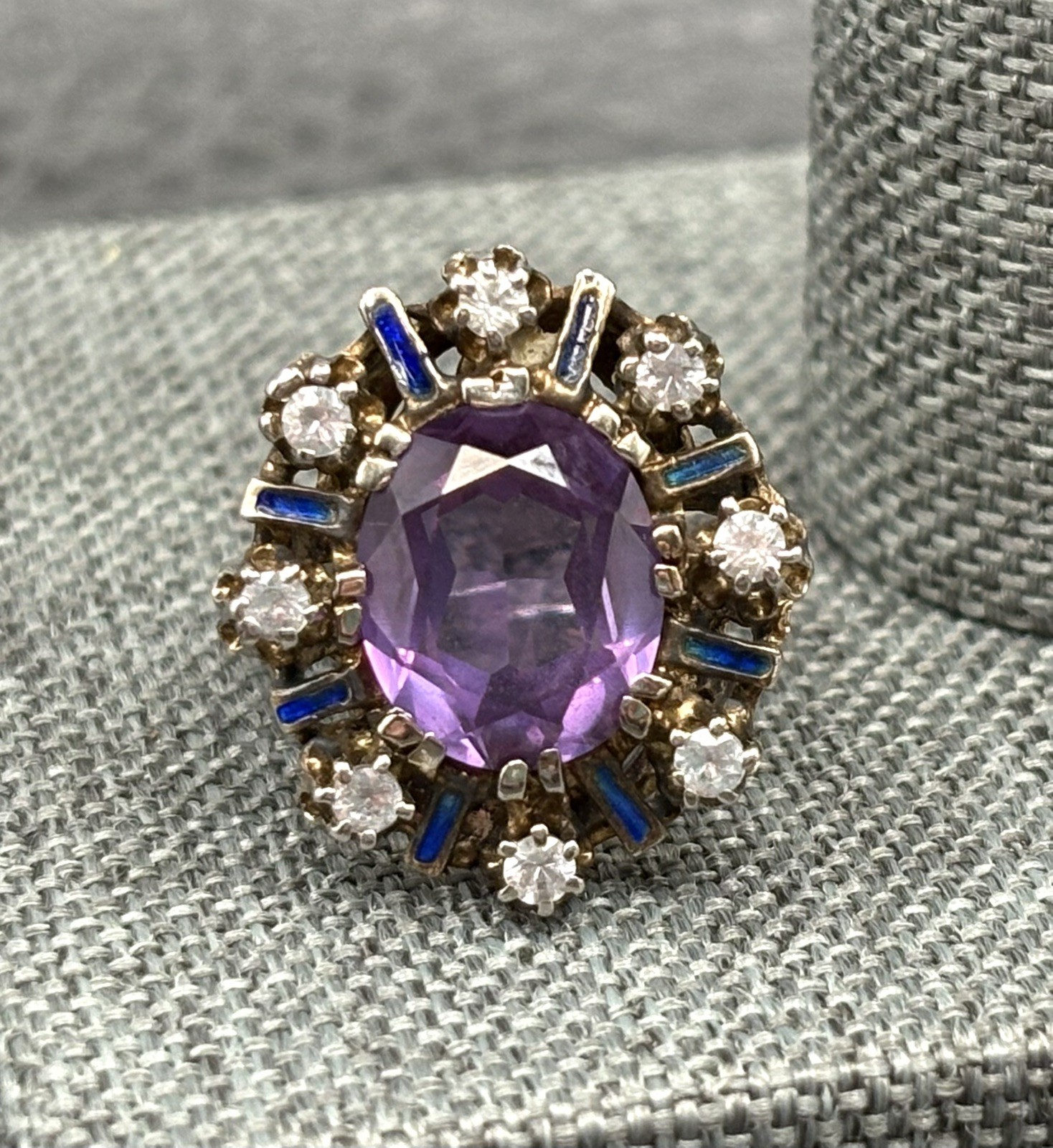 Vintage Huge Purple Sapphire Sterling Silver Blue Enamel Cocktail Ring Size 5.5