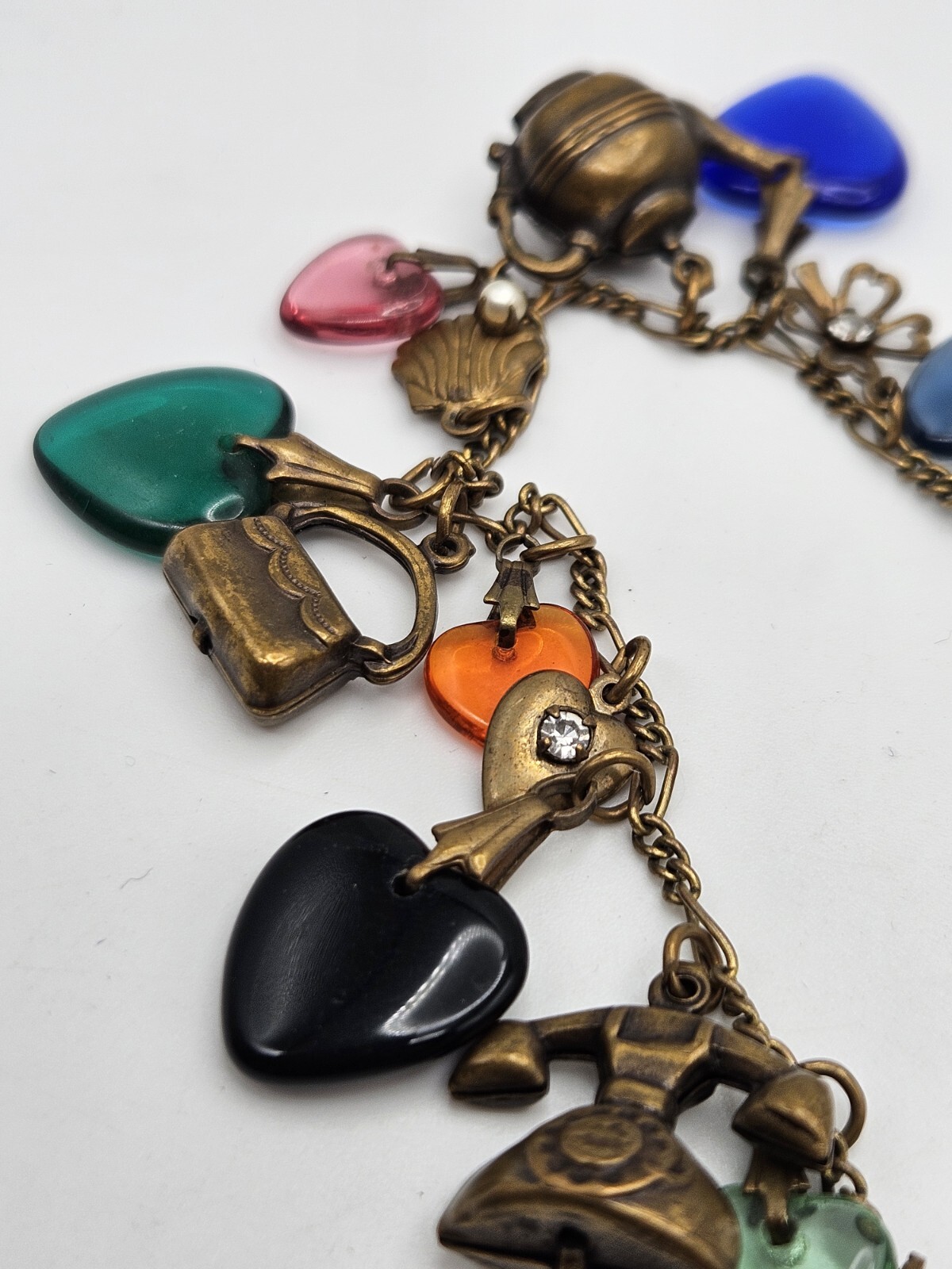 Glass Works Studio Brass Tone Multicolor Glass Dangle Hearts Charm Necklace