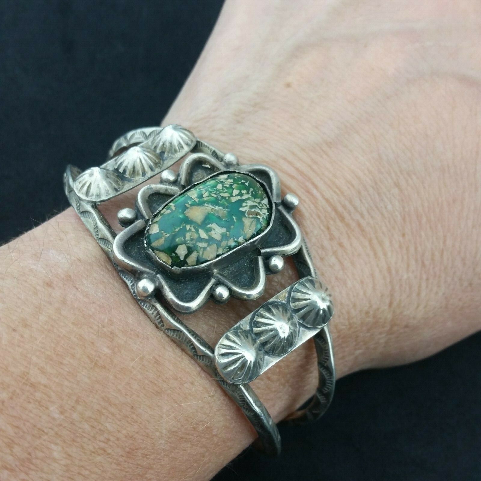 Vtg Damele Turquoise Sterling Silver Cuff Concho Bracelet Circa 1920s Sand Cast