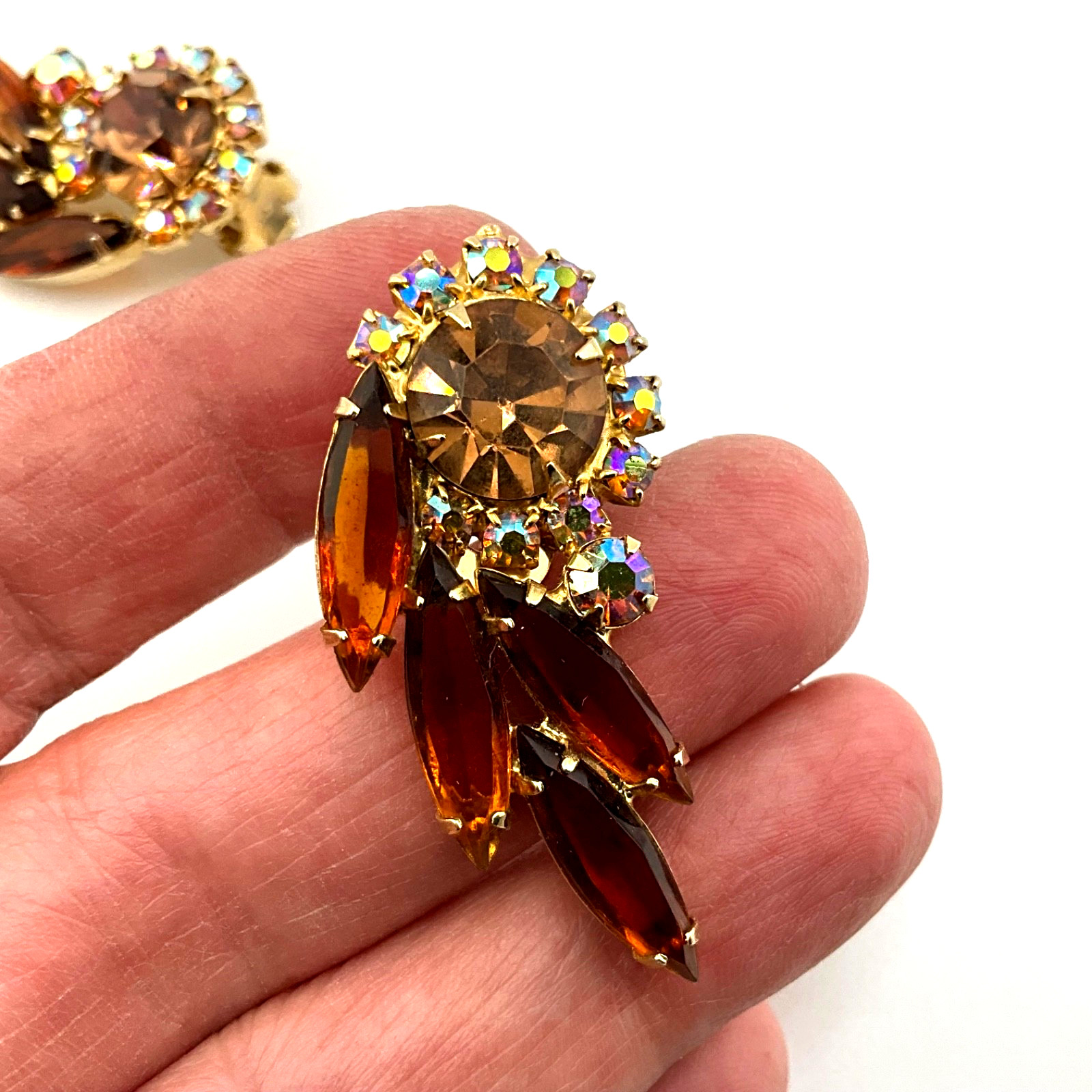 Vintage Mid Century Modern Crystal Clip Earrings Amber Navette Aurora Borealis