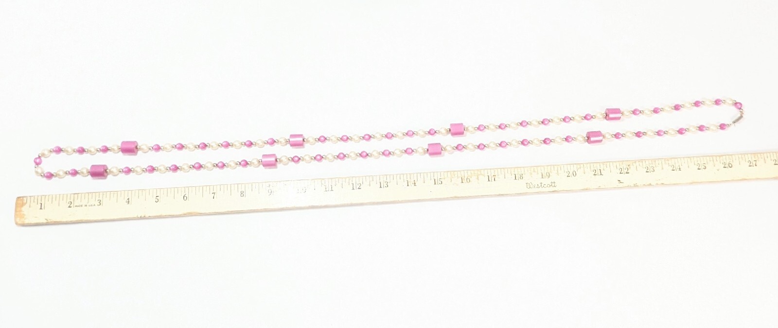 Vintage Opera Length Bead 54″ Necklace Pink Purple Faux White Pearl Silver Tone