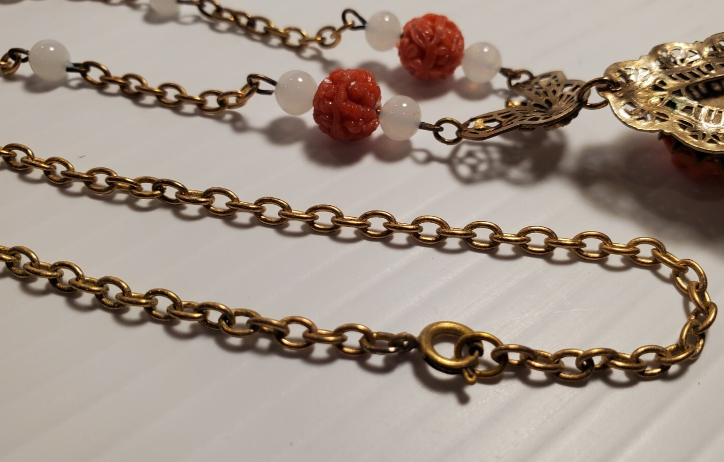 VTG ART DECO Coral Molded Glass Floral Necklace 1930s Glass & Brass 18″ Necklace