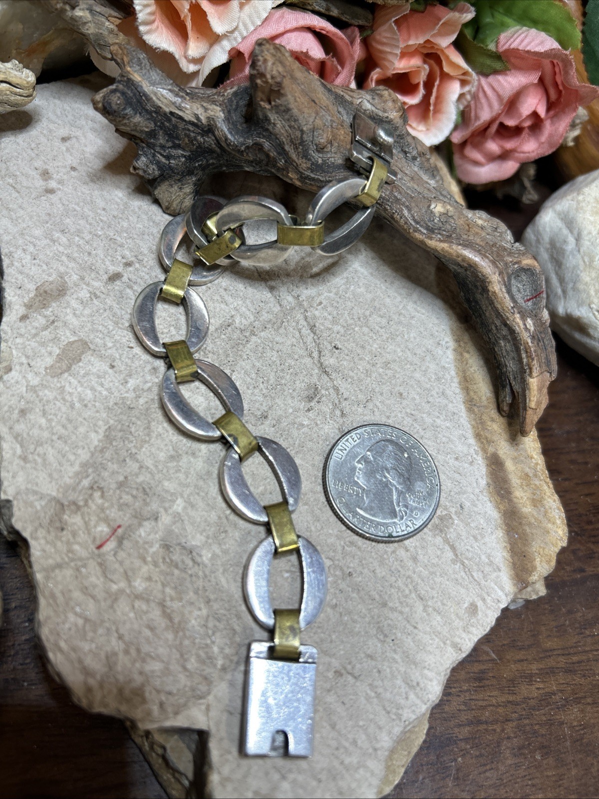 56. Taxco Sterling 925 Brass Accent Oval O Ring link Bracelet 34.3g, 7 1/2″ Mex