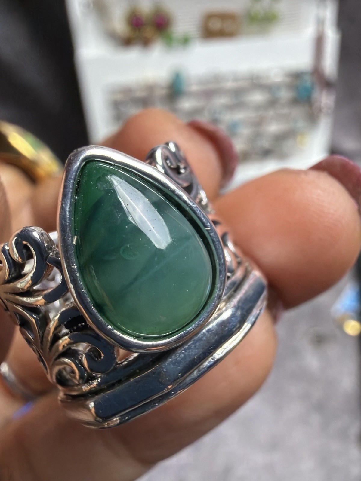 Vintage Filigree Green Cabochon Ring Possible 925 Sterling Silver Boho Sz 7 #5