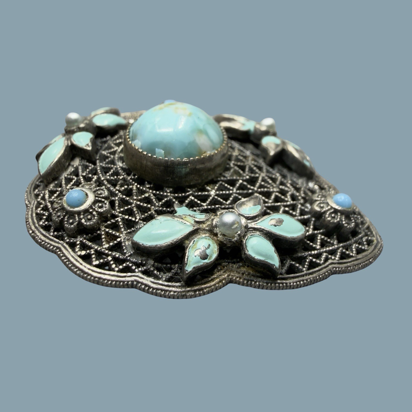 Antique Czech Glass Filigree Enamel Turquoise Blue Fur Dress Clip Brooch NEIGER?