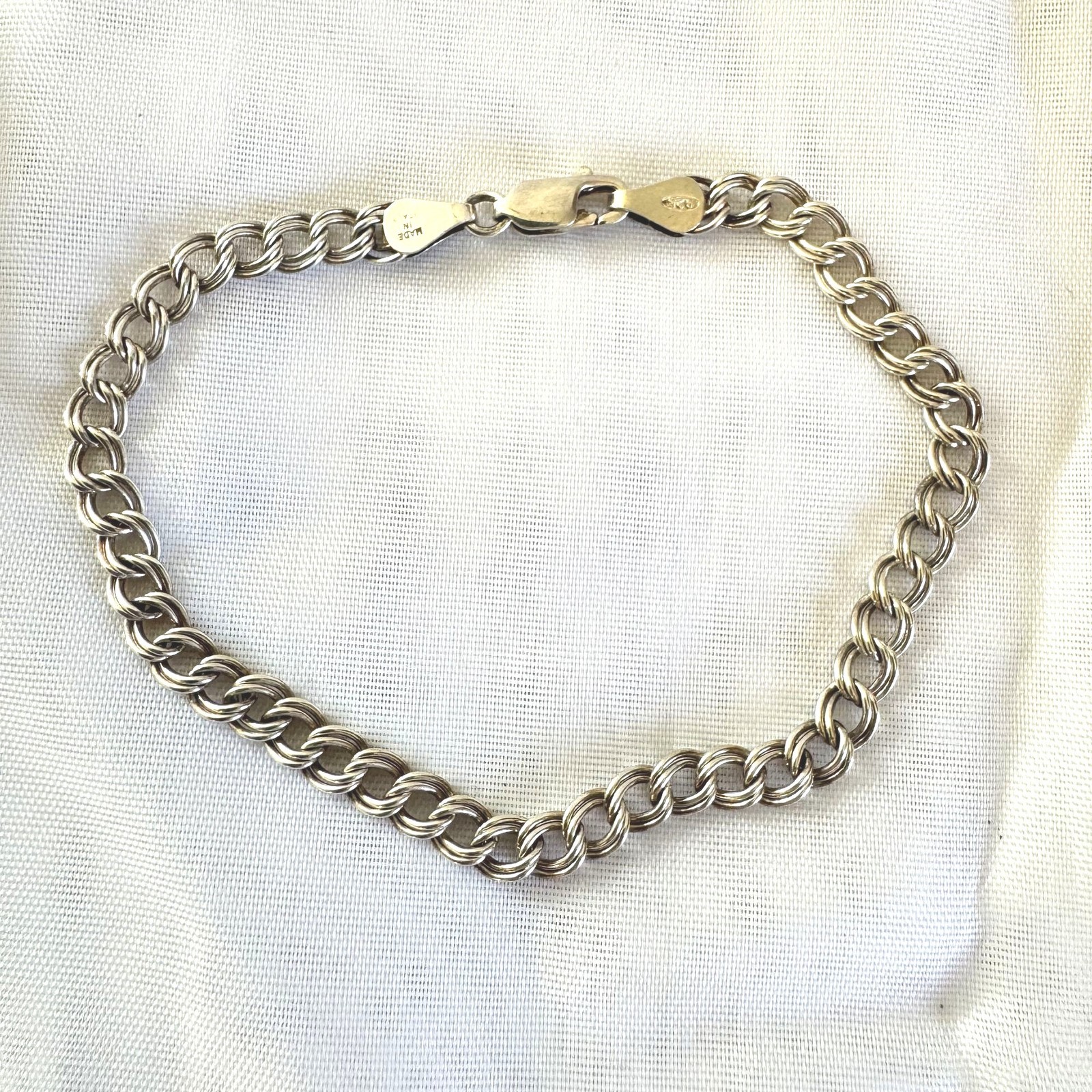 Double Link Charm Bracelet Lobster Claw Clasp VTG 925 Sterling Silver 8” Length