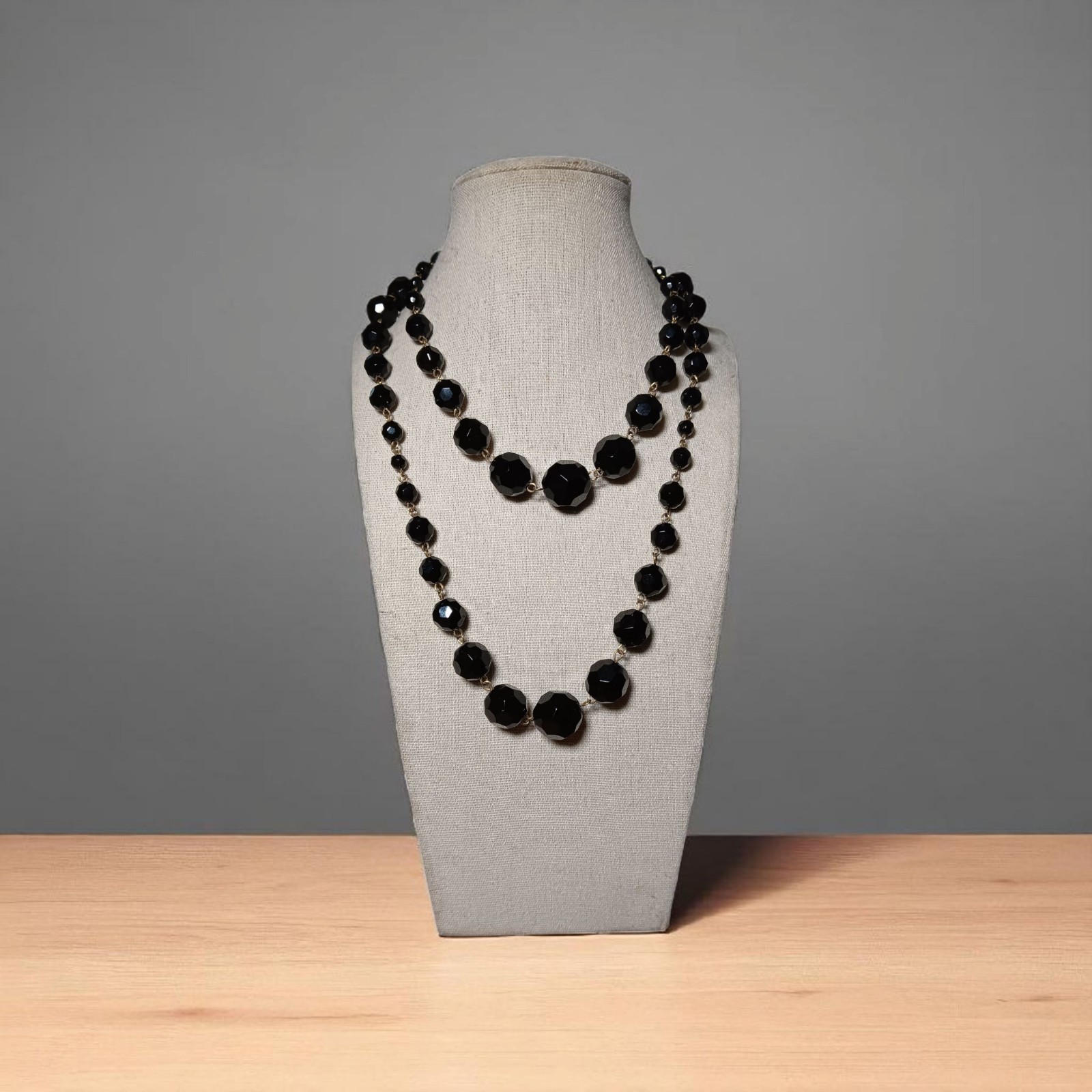 Necklace Long Heavy Faceted Jet Black Graduated Bead Rosary Style Chain Link 36″