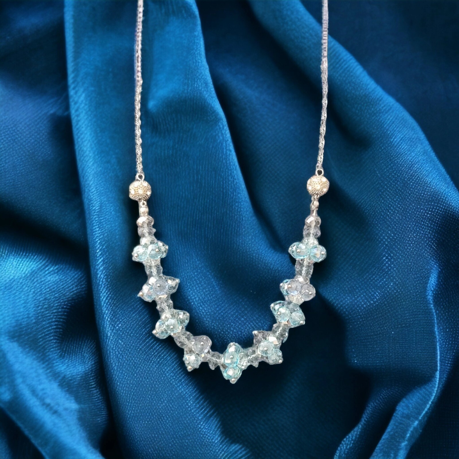 Vtg NY Chunky Clusters Blue Rhinestone Necklace 2 Studded Spheres Sparkly Glass