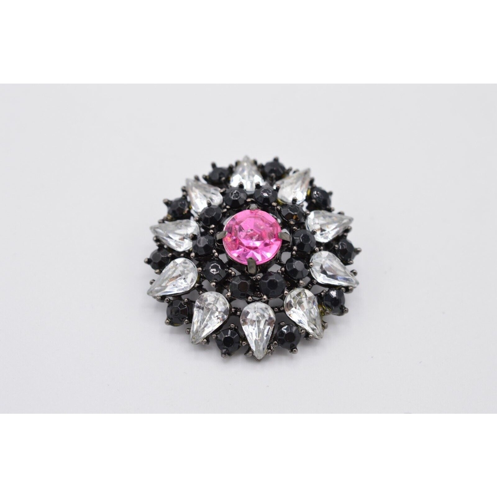Vintage Pink Crystal Starburst Pin Brooch Rhinestone Black Gunmetal 1980s Bin5B