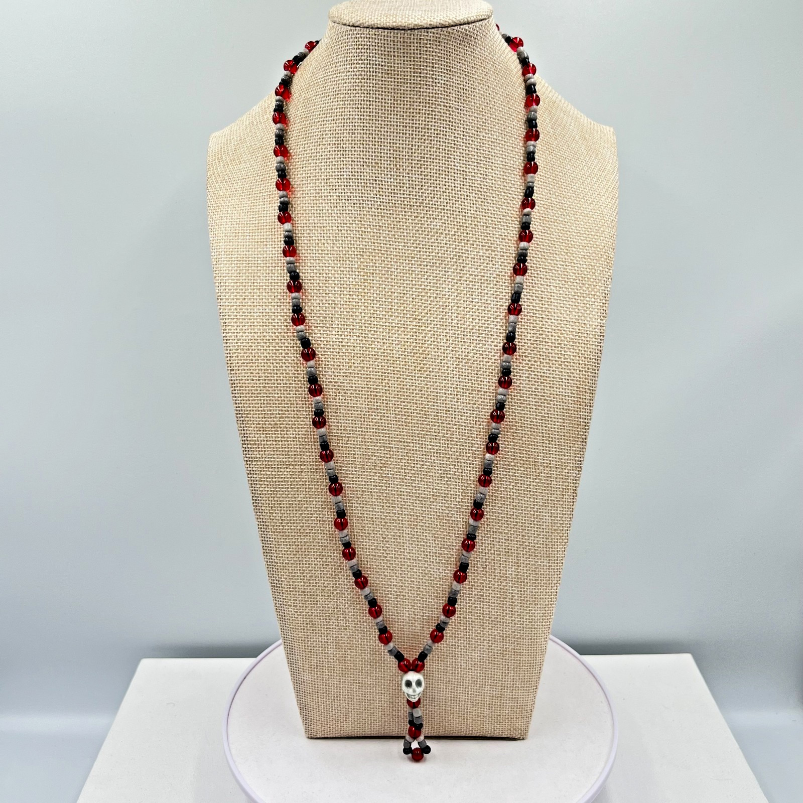 Vintage Goth Red & Black Beaded Skull Necklace Retro Grunge Alt Boho Jewelry