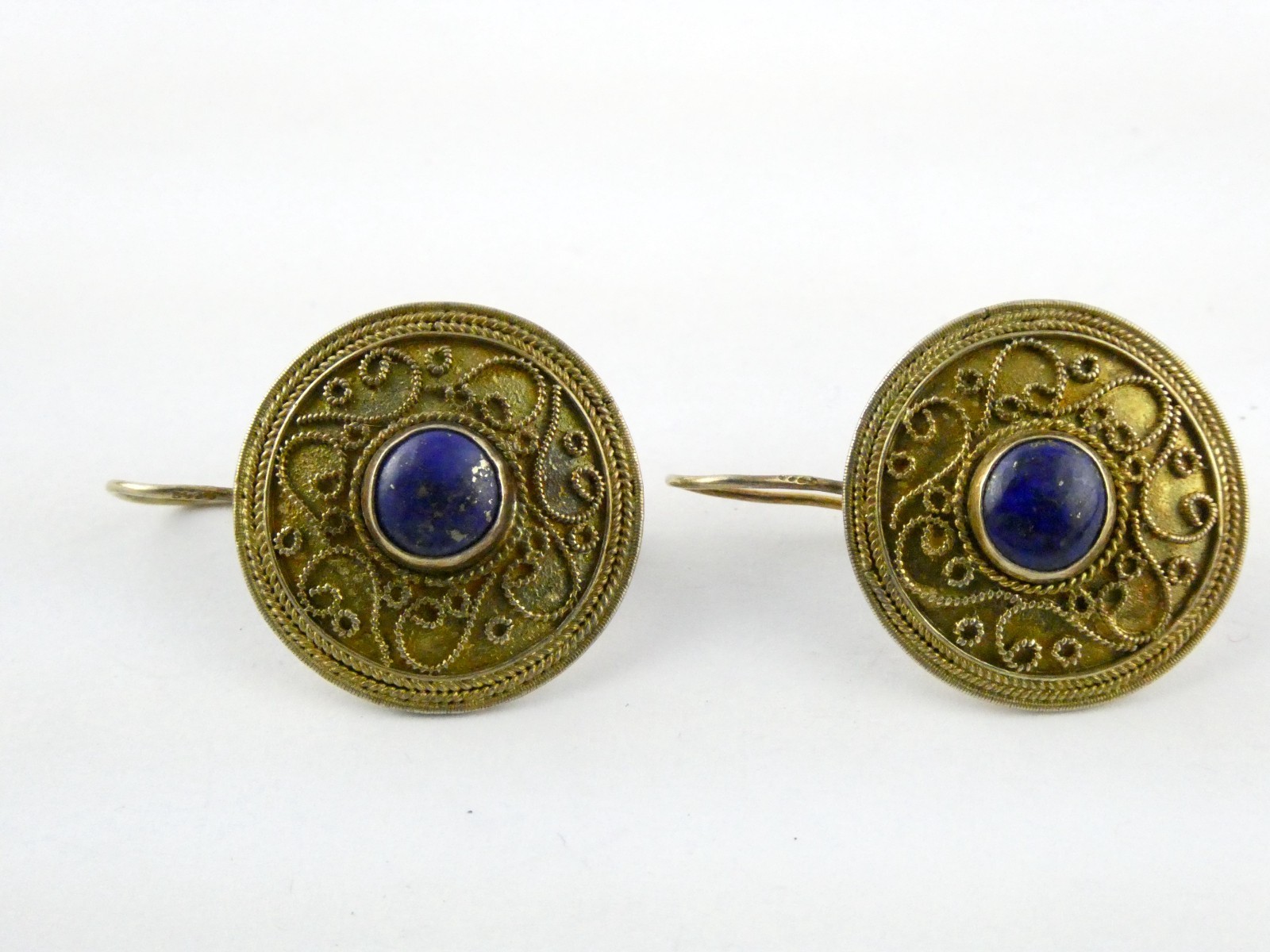 Vintage Gilt Sterling Silver Scroll Motif Lapis Lazuli Hook Earrings 7.3g 1.25In