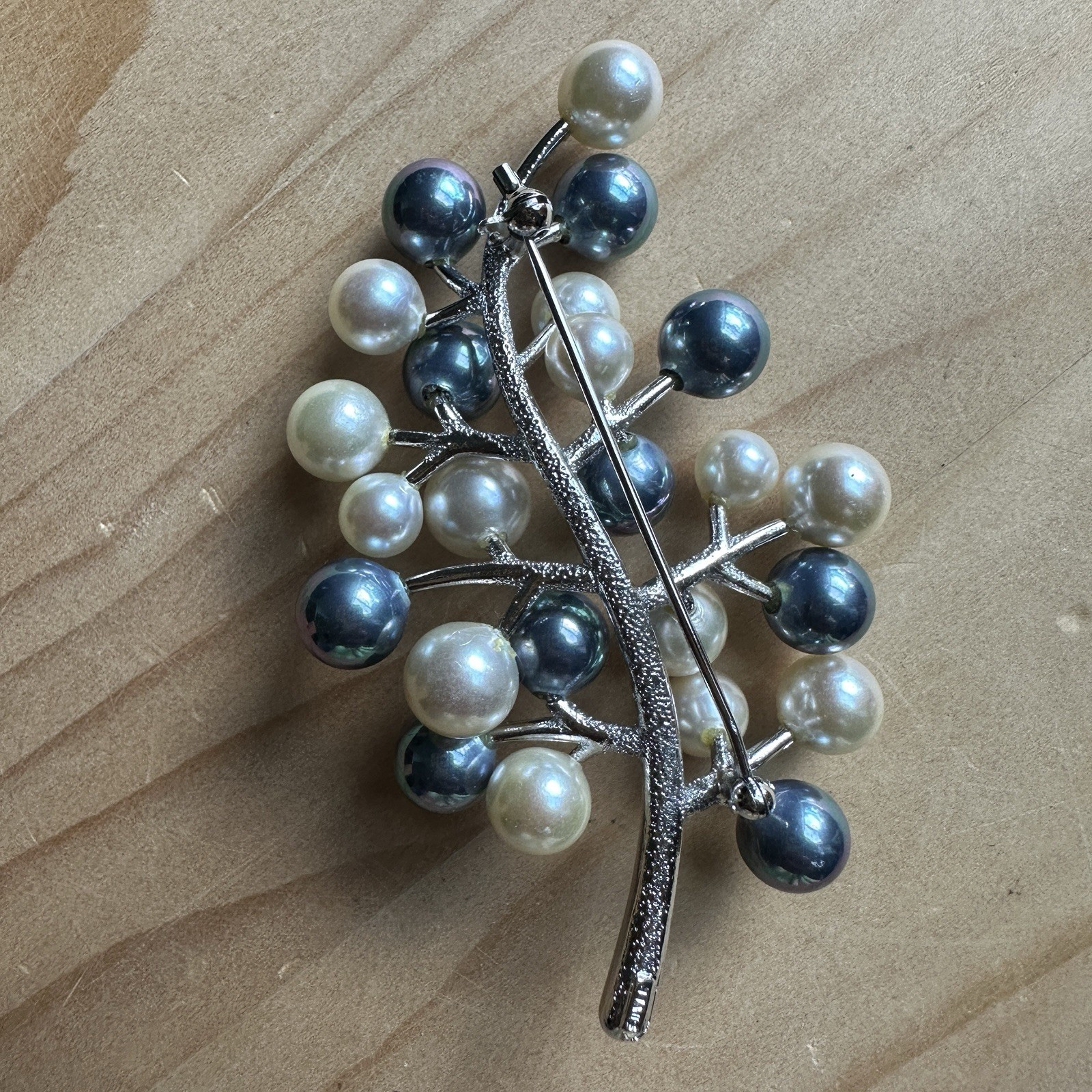 Vintage Artisan Brooch 2.9 Inch Faux Pearls Rhodium Plate Fine Silver 23.6g