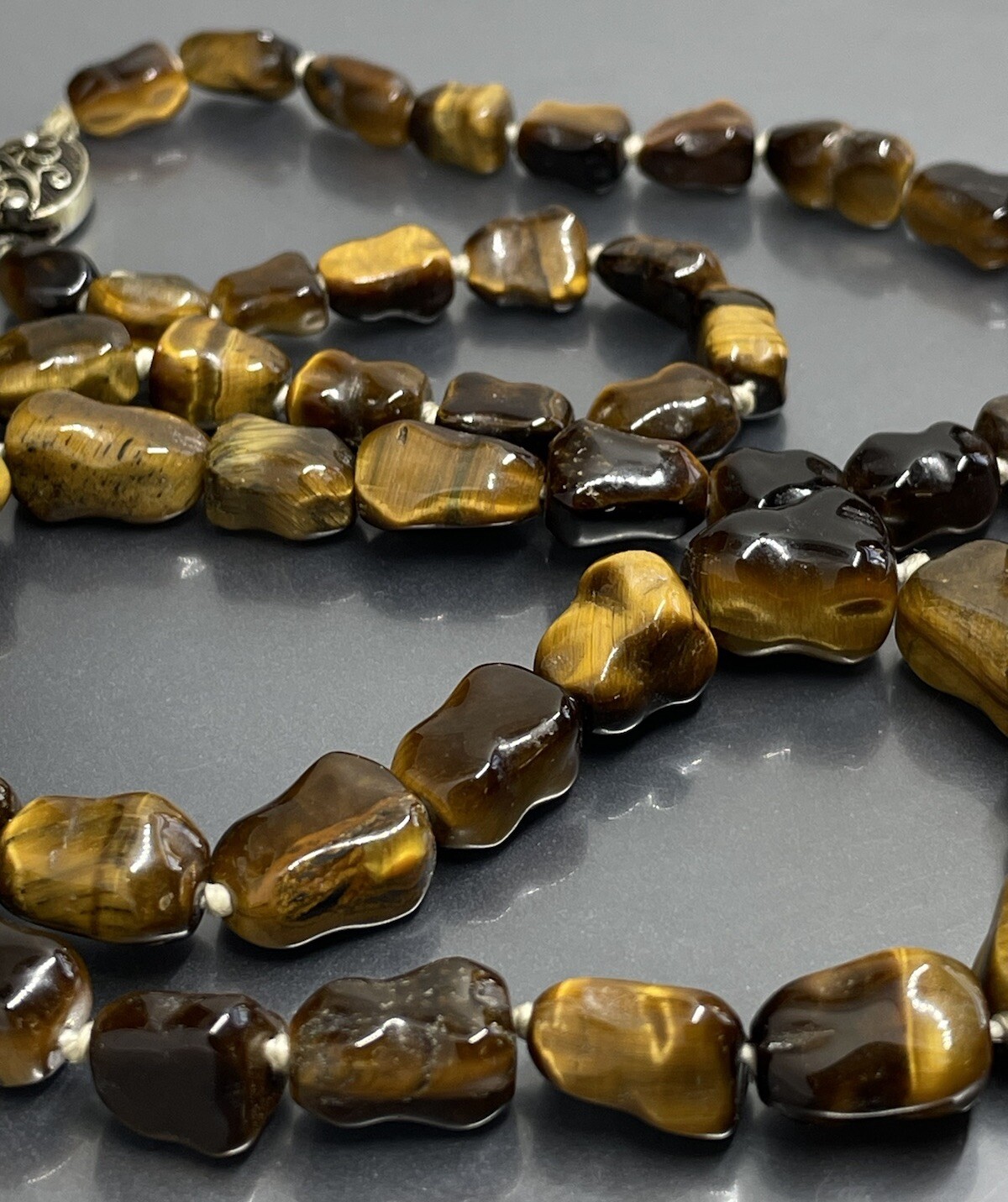Vtg Sterling Silver Clasp Hand Knotted Tiger’s Eye Beaded Long Necklace 24.75”