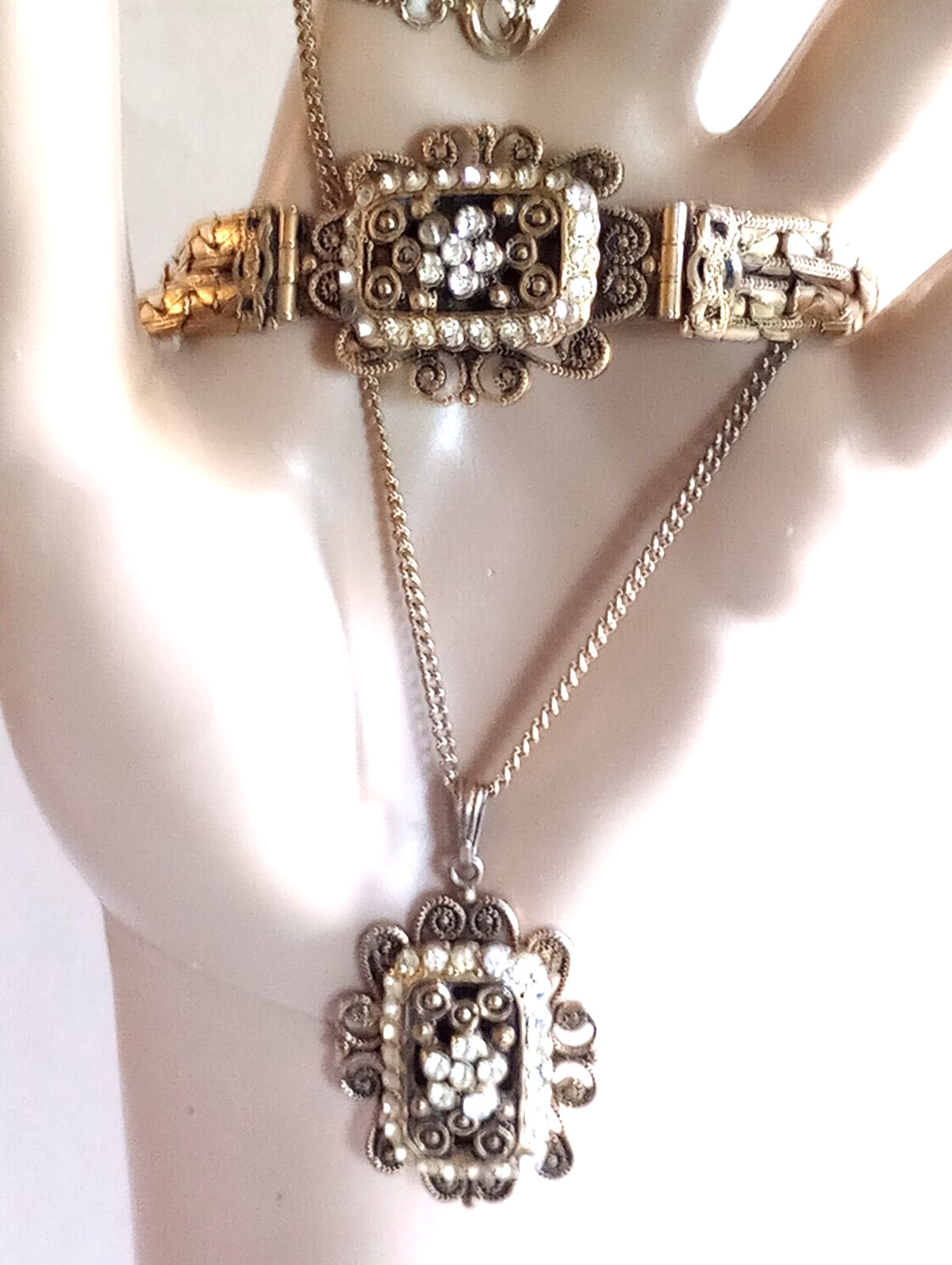 VINTAGE JEWELRY SET DECO FILIGREE CANNETILLE BRACELET PENDANT BRASS GOLD PLATED