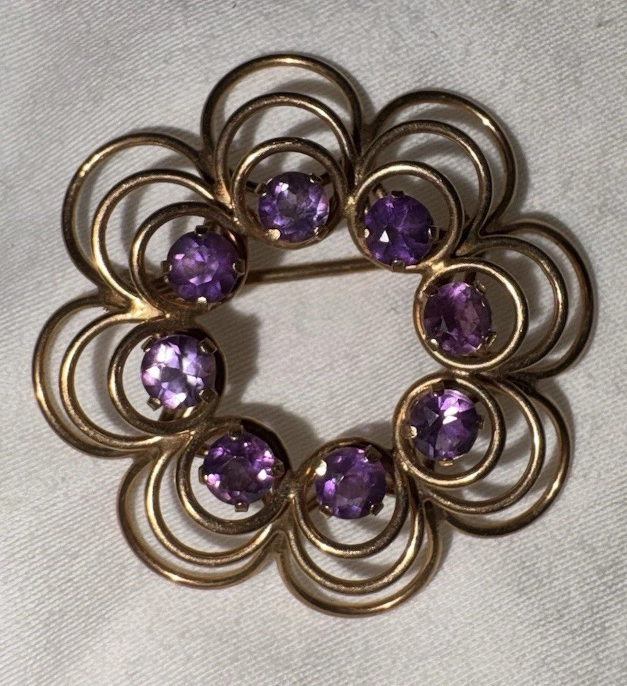 Unique Vintage Purple And Gold Colored Wirework Floral Brooch/Pin