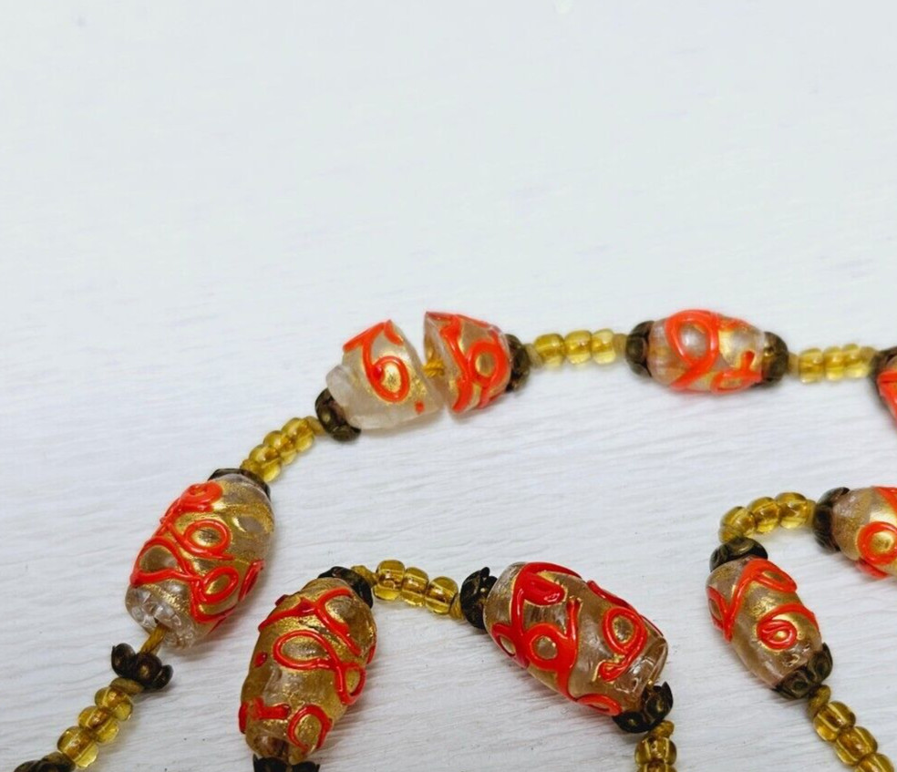Antique Venetian Necklace Vibrant Red Looping Design Over 24k Foil Glass Bead