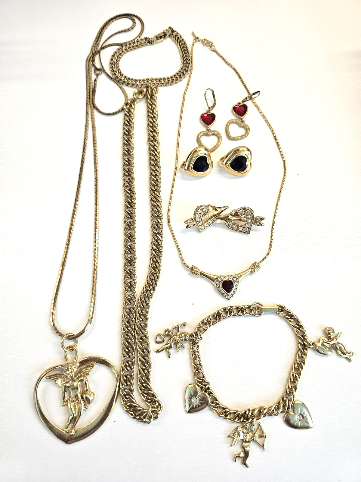 Signed Monet Red Heart Necklace Vintage Gold Tone Rhinestone Jewelry Lot Earring