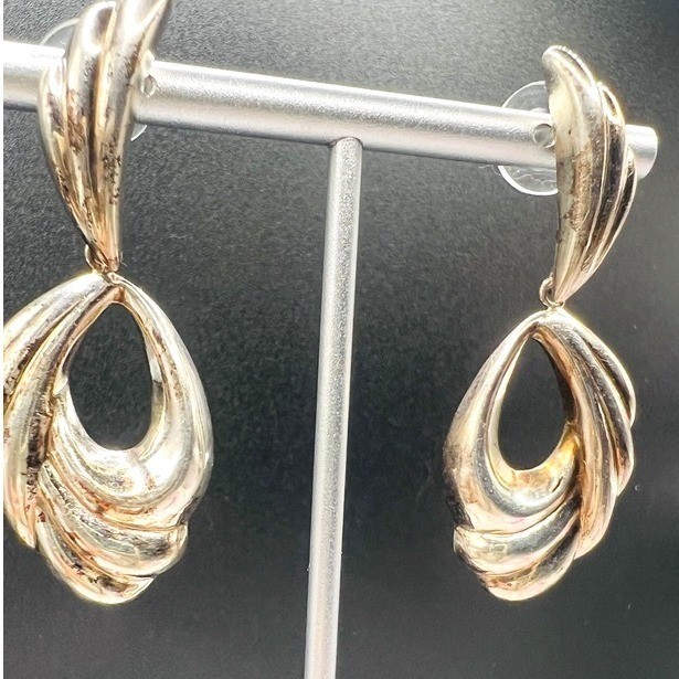 Vintage Sterling Silver Drop Earrings Swirl Sweeping Ribbon 7g 2X.75″