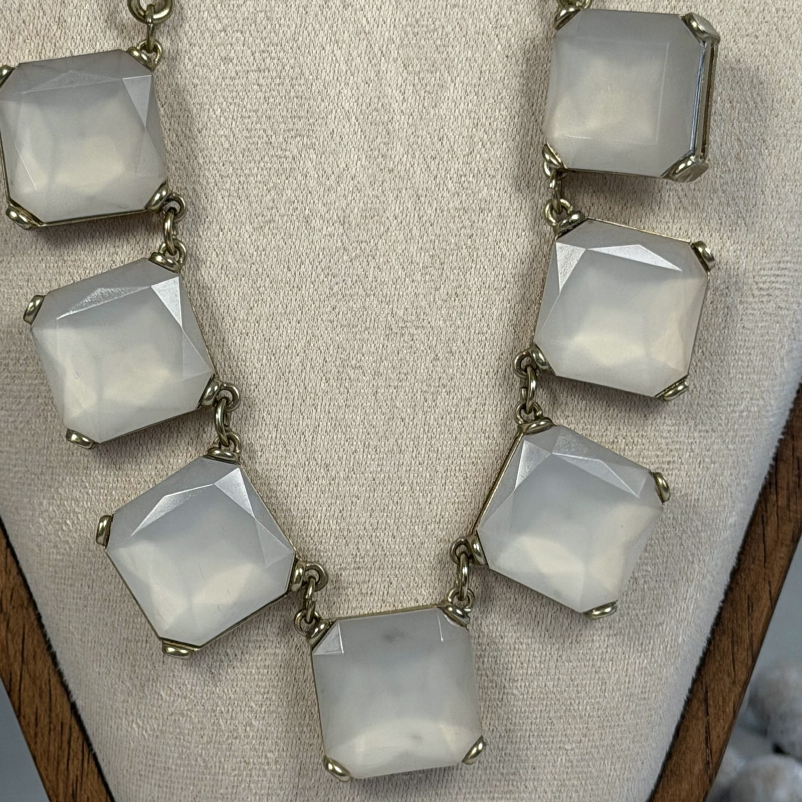 Loft White Acrylic Statement Necklace Faceted Square Bezel-Set Gems VTG 2000s