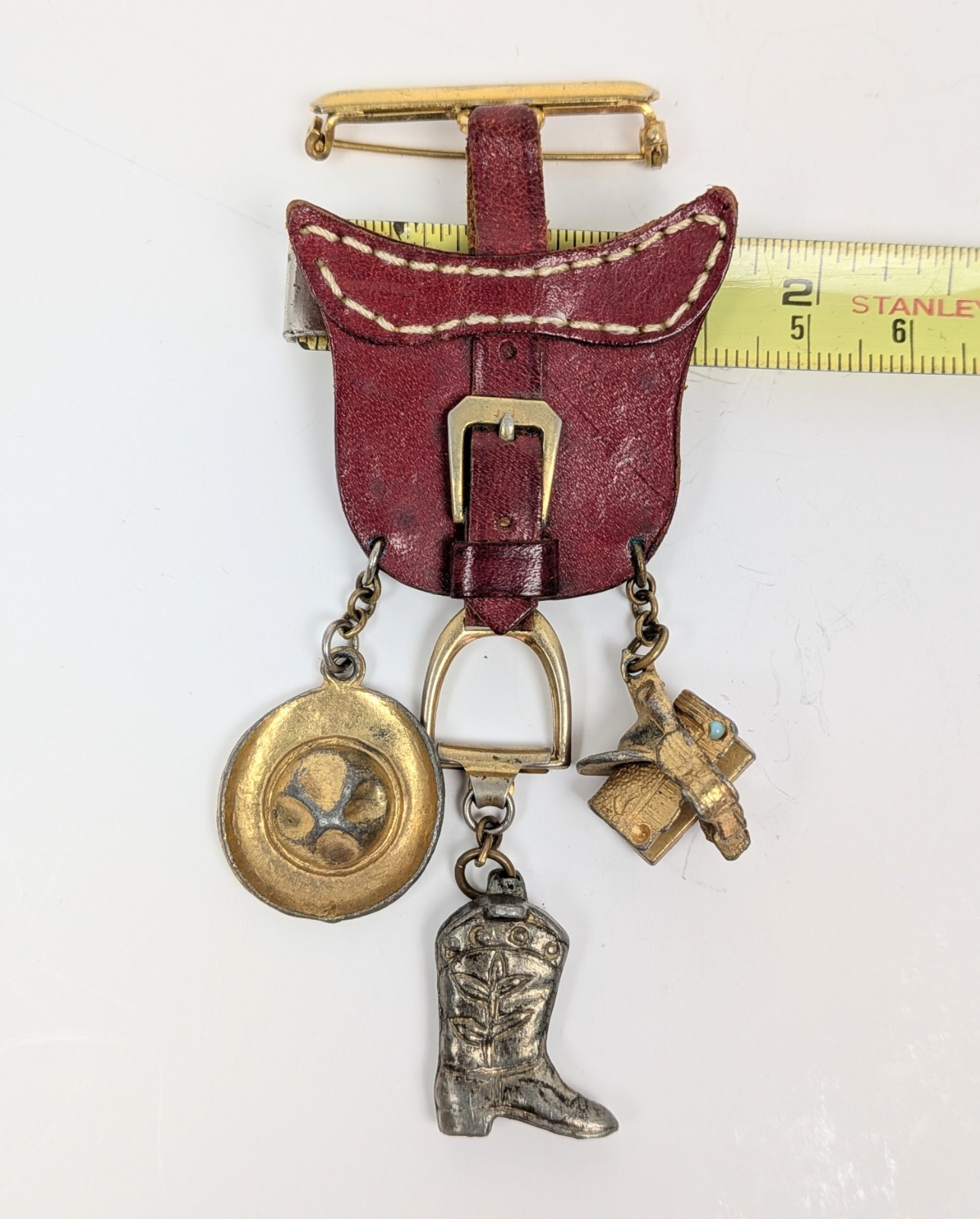 Western Cowgirl Equestrian Brooch RARE Rodeo Leather Saddle Chatelaine Charms