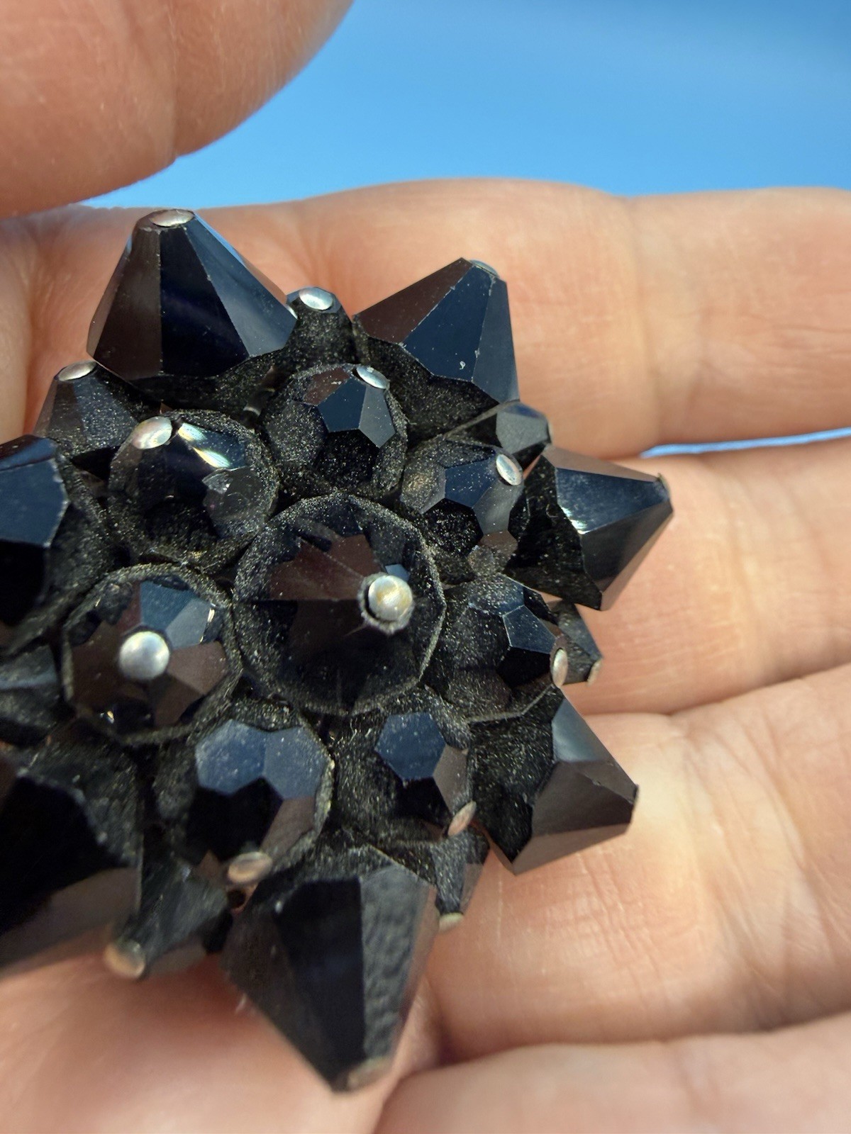 Vintage Black Faceted Glass Flower Star Pin Brooch 1 1/2 inches Across
