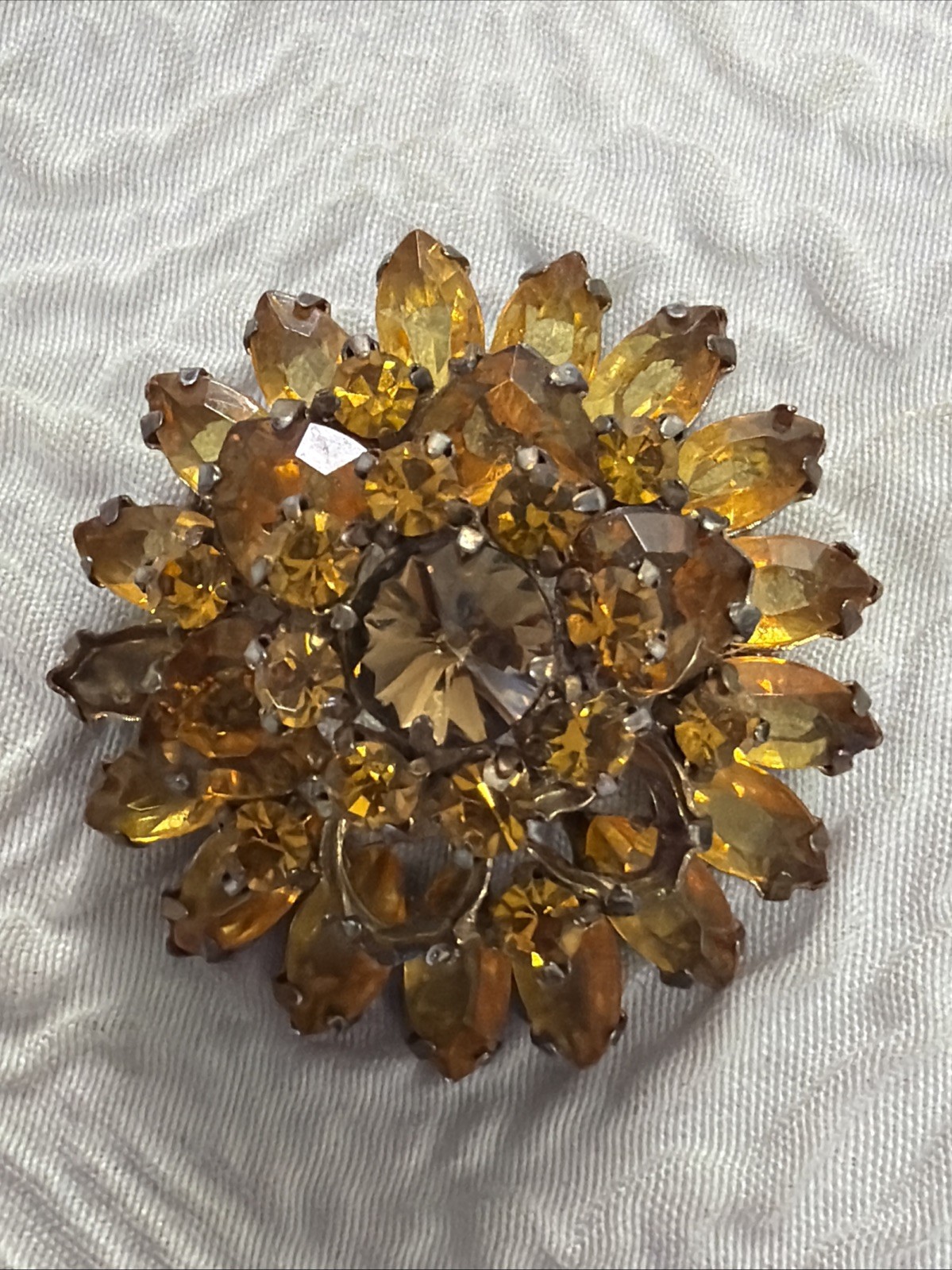 Vintage 3DAmber Citrine Topaz Marquise Chaton-Cut Faceted Crystals Flower Brooch