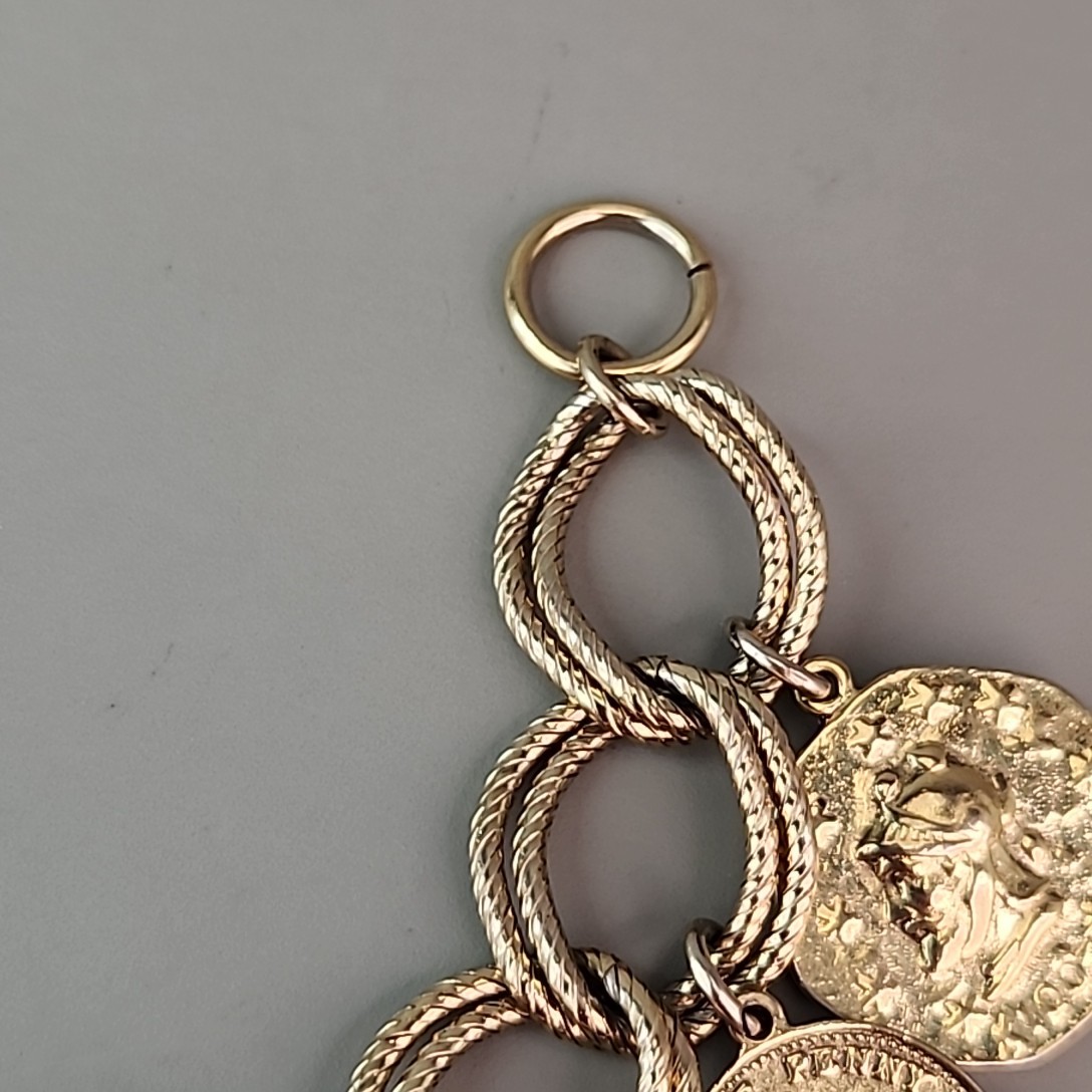 Vintage Faux Coin Charm Bracelet Gold Tone 6.25″