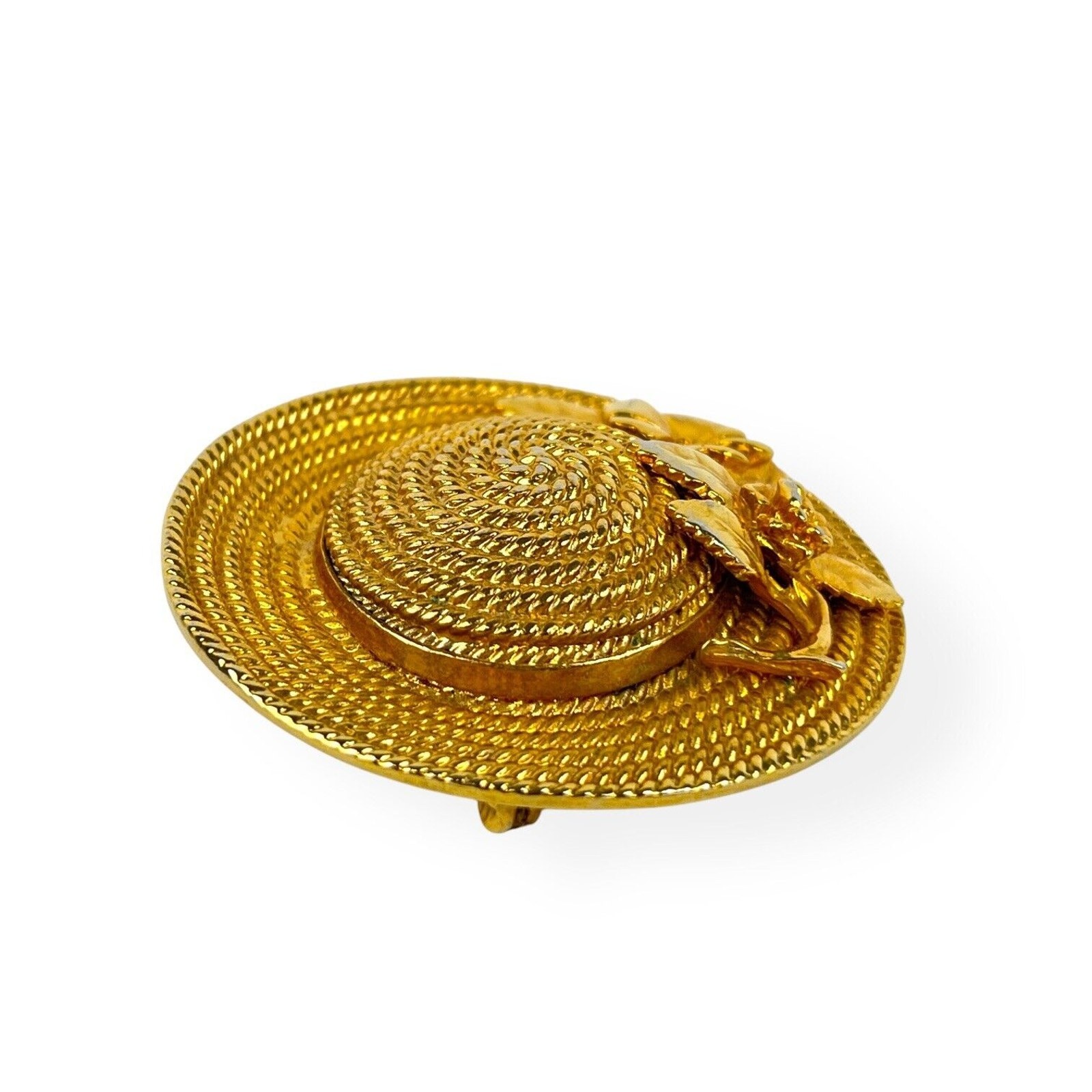 Brooch Sun Hat Gold Tone Pin Textured Shiny Spring Garden Flowers Fashion Vtg