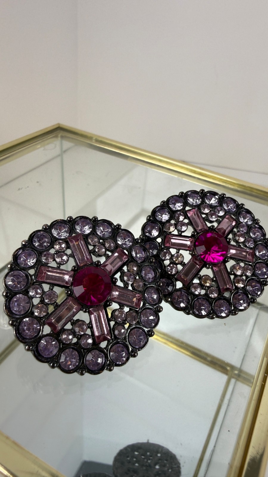 Vintage Gunmetal Pink Glass Rhinestone Statement Stud Earrings