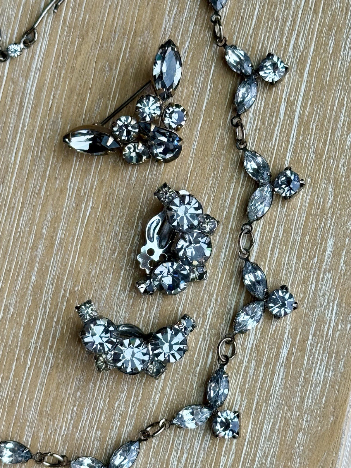 Vintage Designer Jewelry Lot Smoky Grey Rhinestone Necklace Brooch Earrings. A