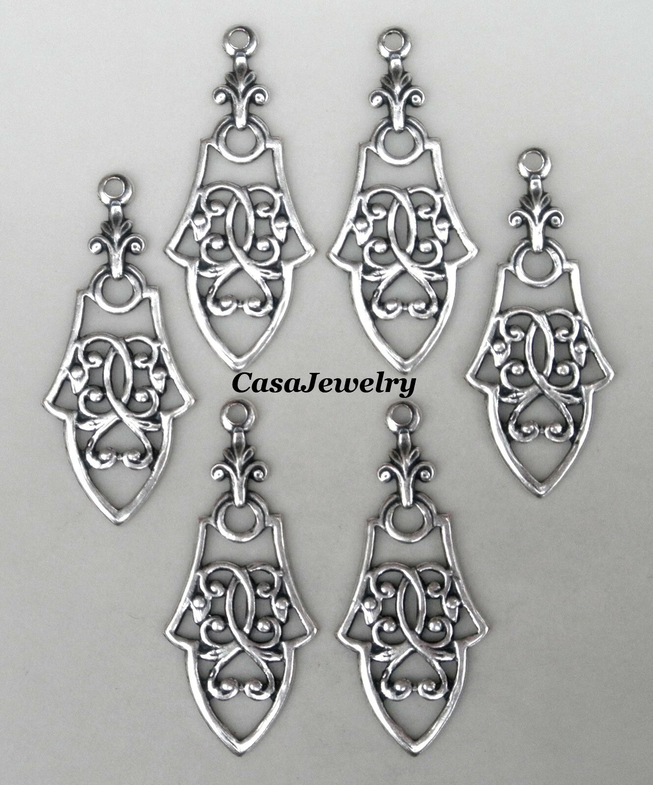 #0154 ANTIQUED STERLING SILVER PLATED FILIGREE PENDANT/EARRING W/HANG RING -6 Pc