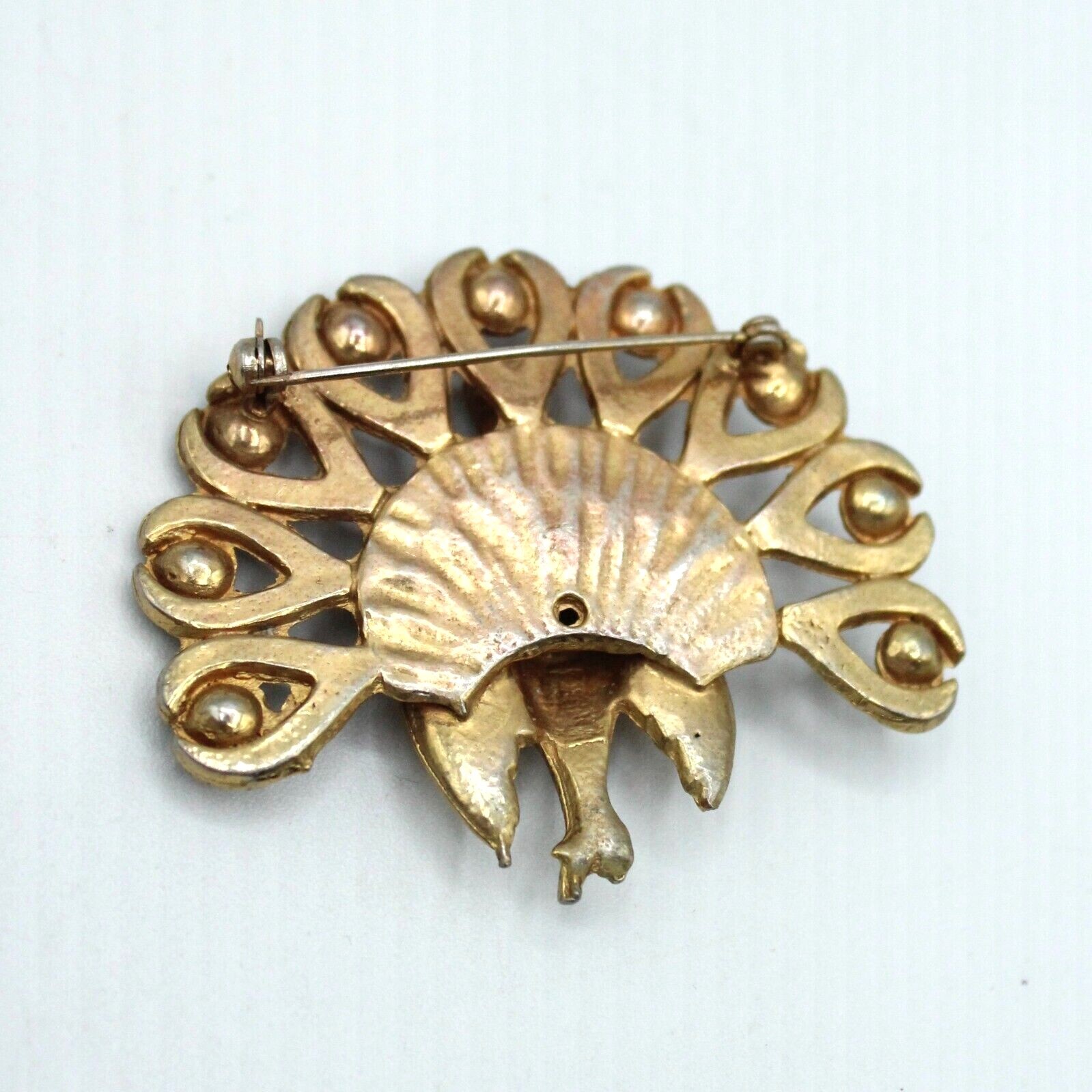 Peacock Brooch Pin w/ Purple Rhinestones Gold Tone 1920s 1930s
