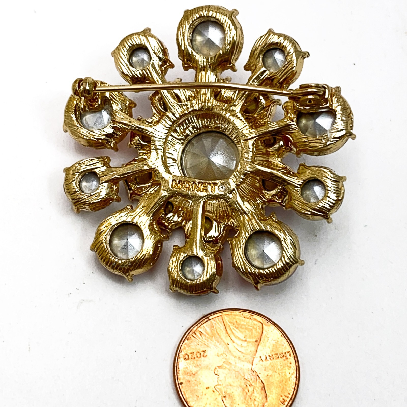 MONET Rhinestone Brooch Pink Purple Red Rivoli Center Vintage Floral Pin