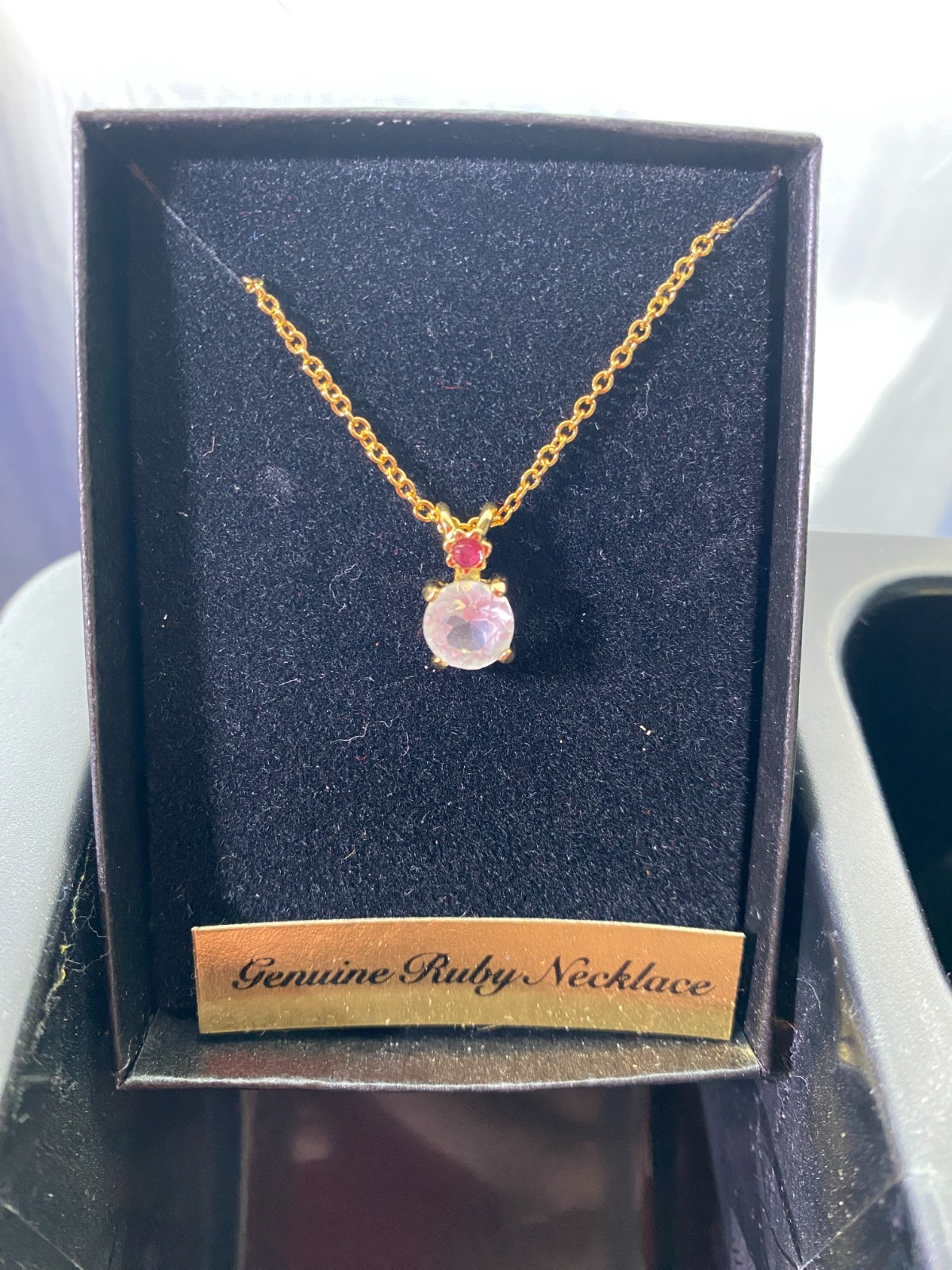 VAN DORAN Vintage Genuine Ruby Necklace Double Stone Pendant Gold-Tone 18″