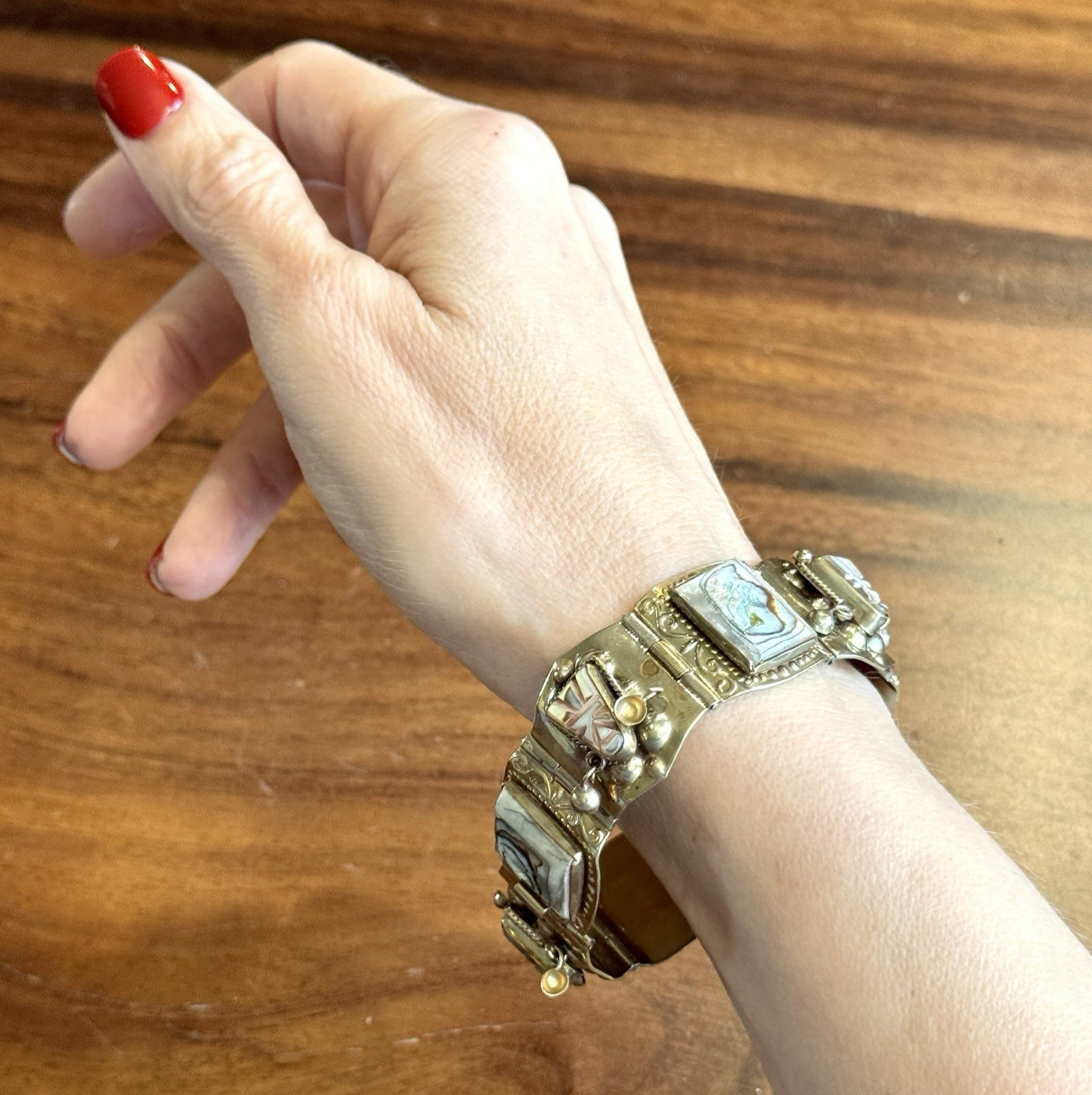 Vintage Mexico JZ Alpaca Silver Abalone Panel Bracelet Tribal Boho 7.25”